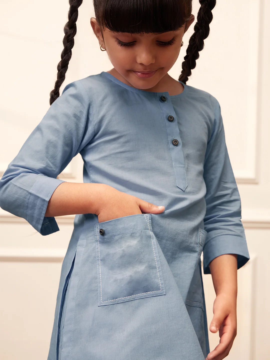 Girl's Aqua Cotton Kurta Pyjama Set - Image 2