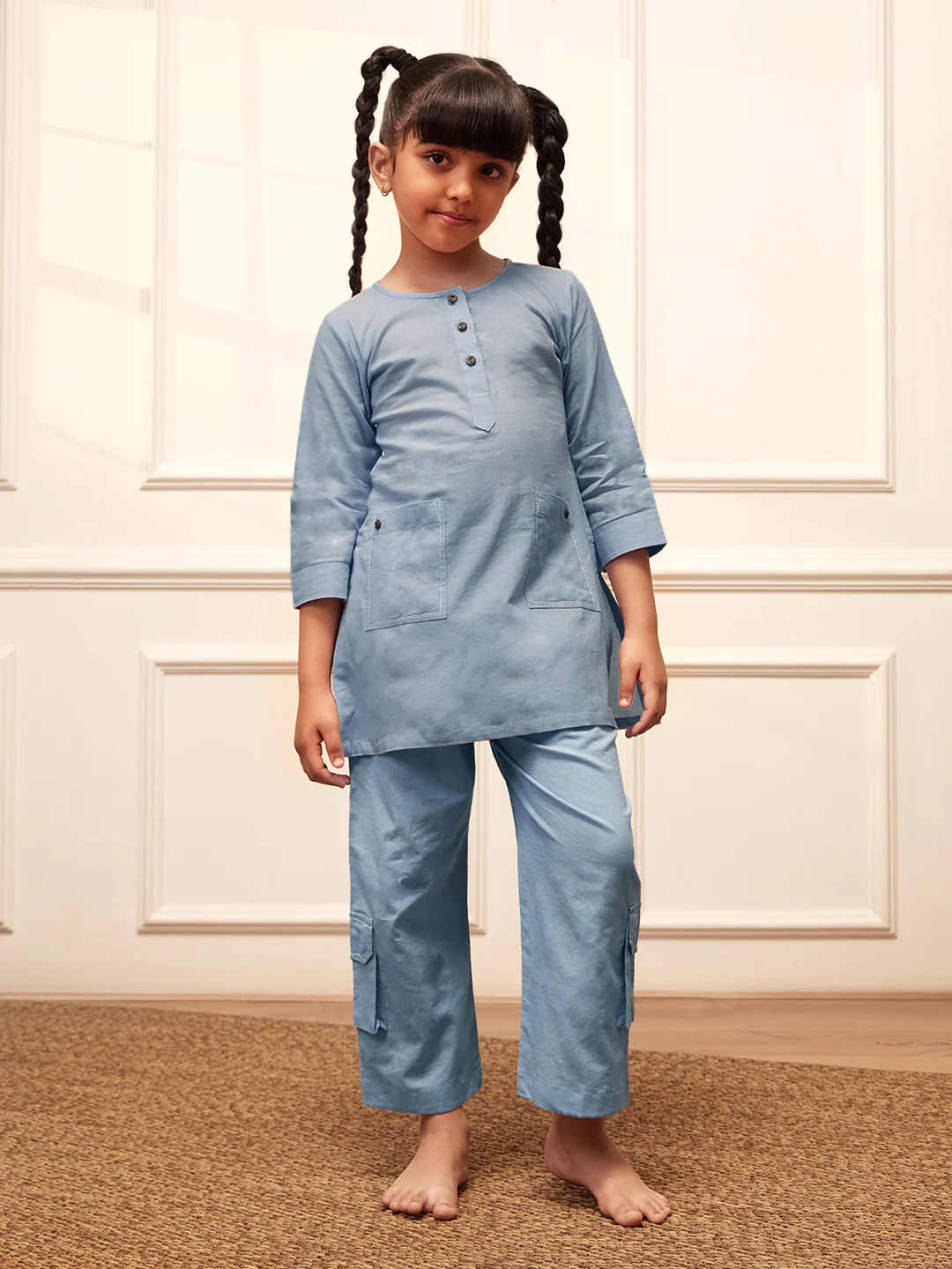 Girl's Aqua Cotton Kurta Pyjama Set - Image 3