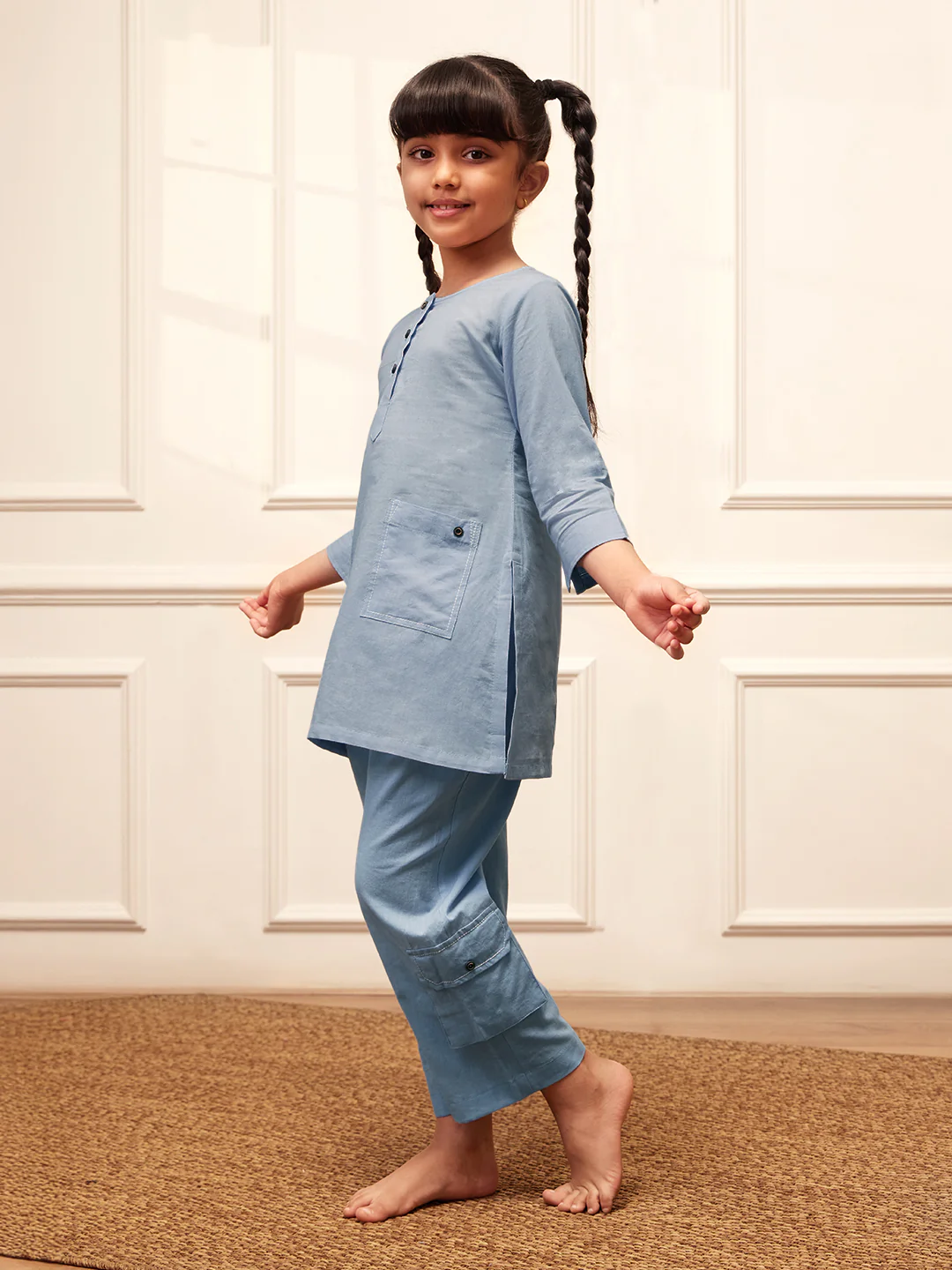 Girl's Aqua Cotton Kurta Pyjama Set - Image 4
