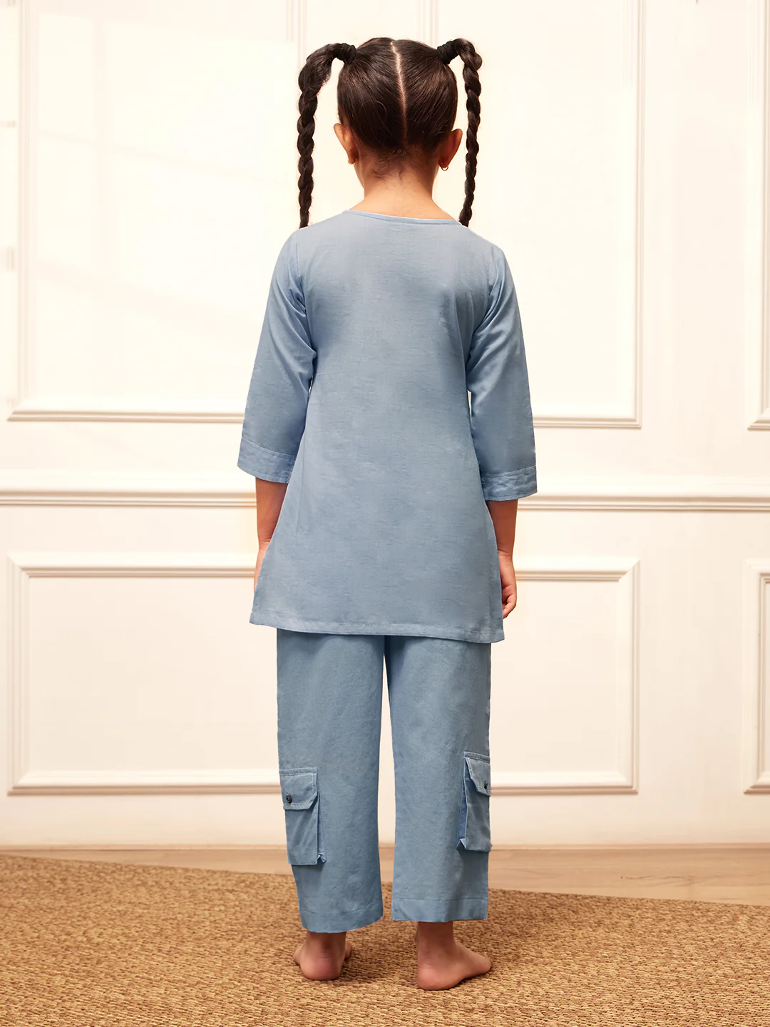 Girl's Aqua Cotton Kurta Pyjama Set - Image 5