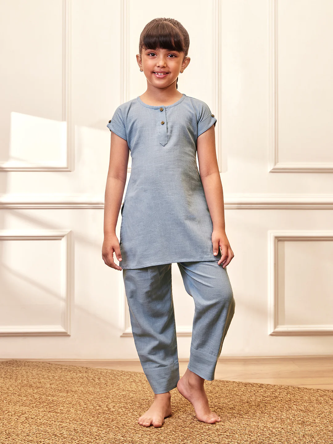 Girl's Aqua Cotton Yoga Kurta Set - Image 3