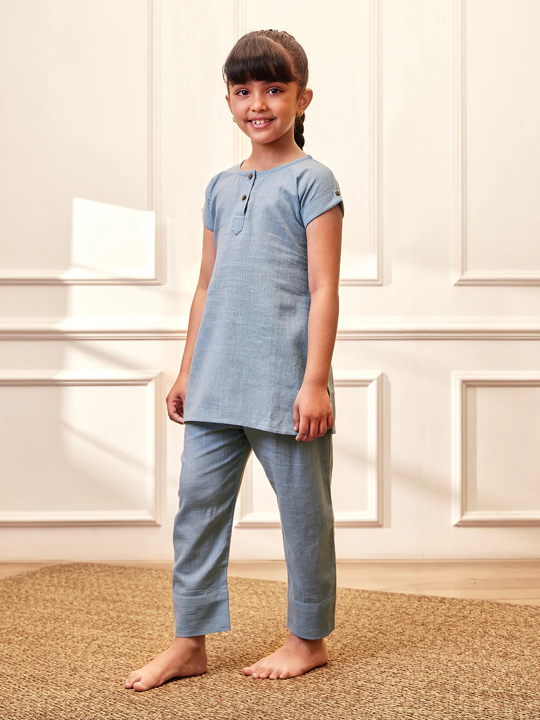 Girl's Aqua Cotton Yoga Kurta Set - Image 4