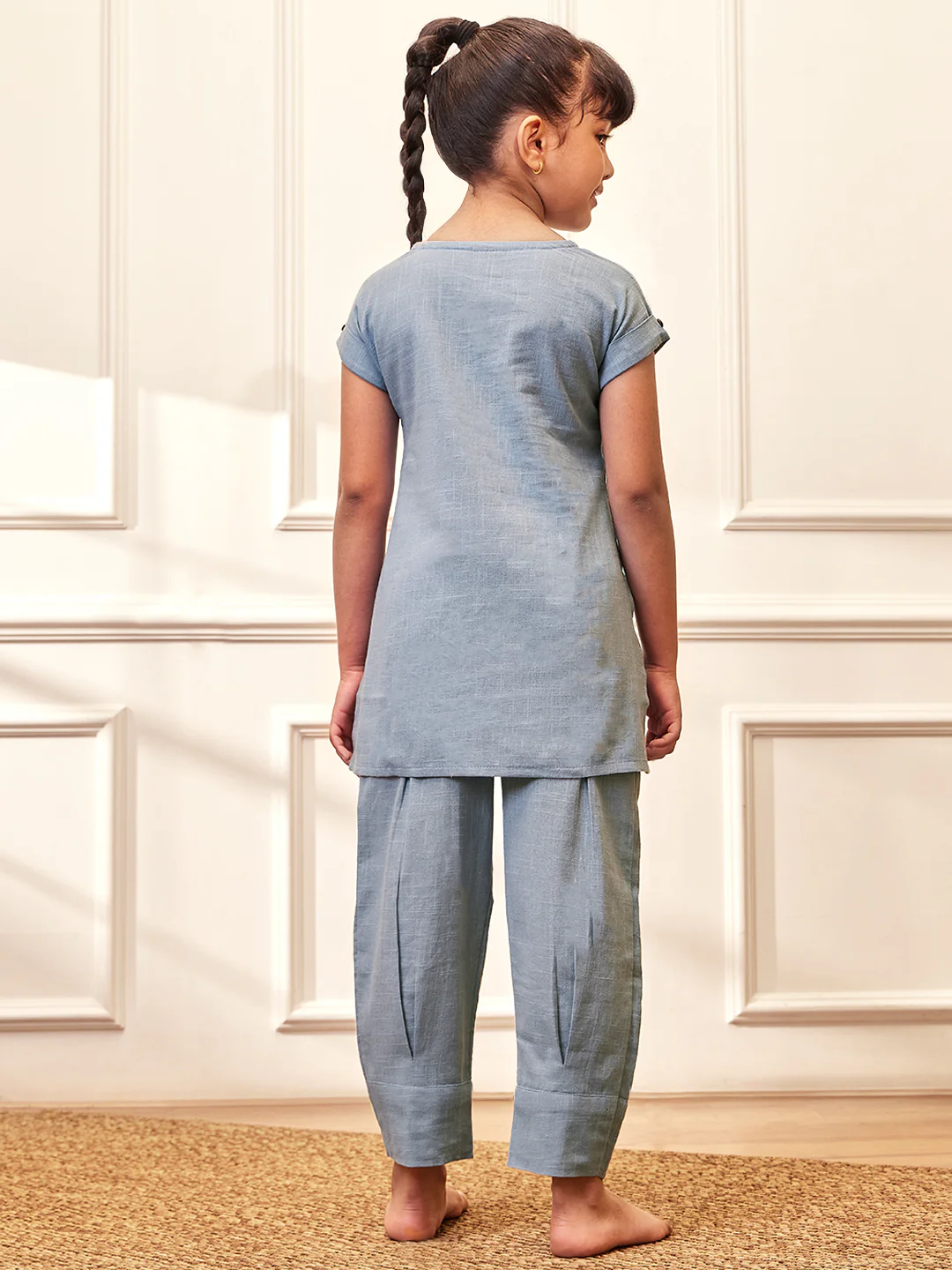 Girl's Aqua Cotton Yoga Kurta Set - Image 5