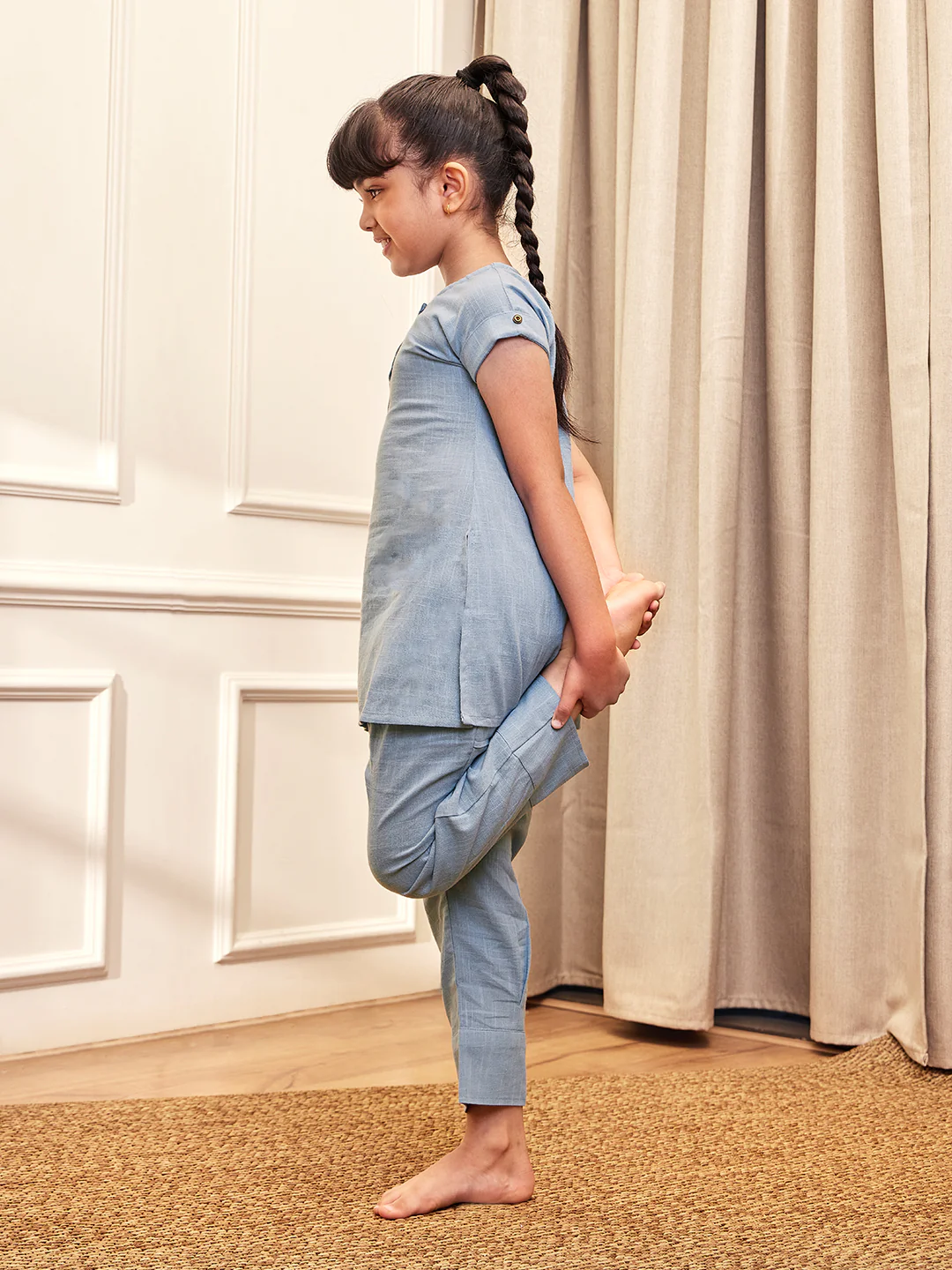 Girl's Aqua Cotton Yoga Kurta Set - Image 7