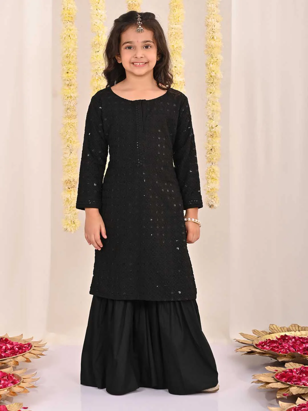 Girl's' Black Embellished Kurta Palazzo Set - Image 8