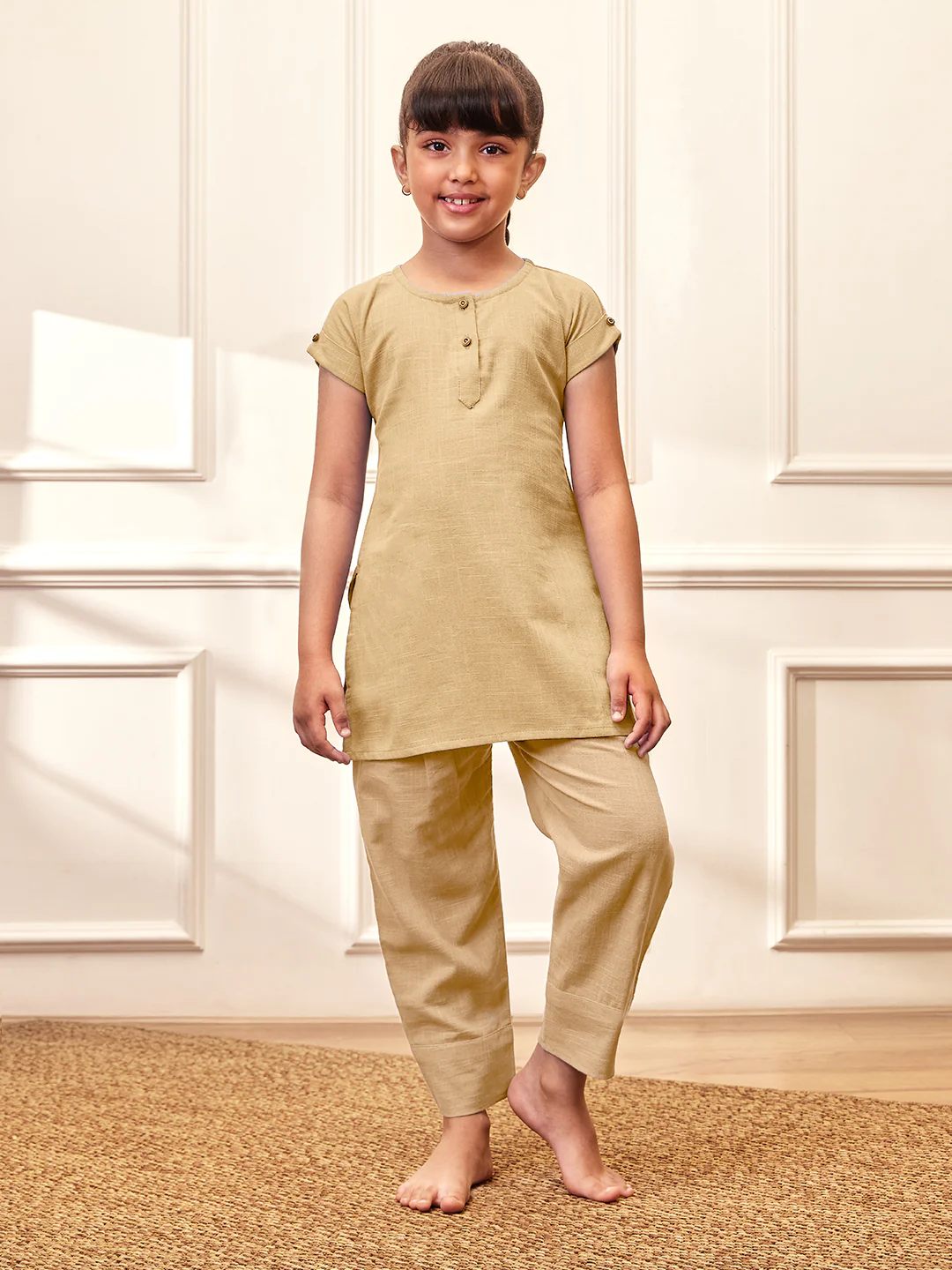 Girl's Chiku Cotton Yoga Kurta Set - Image 3