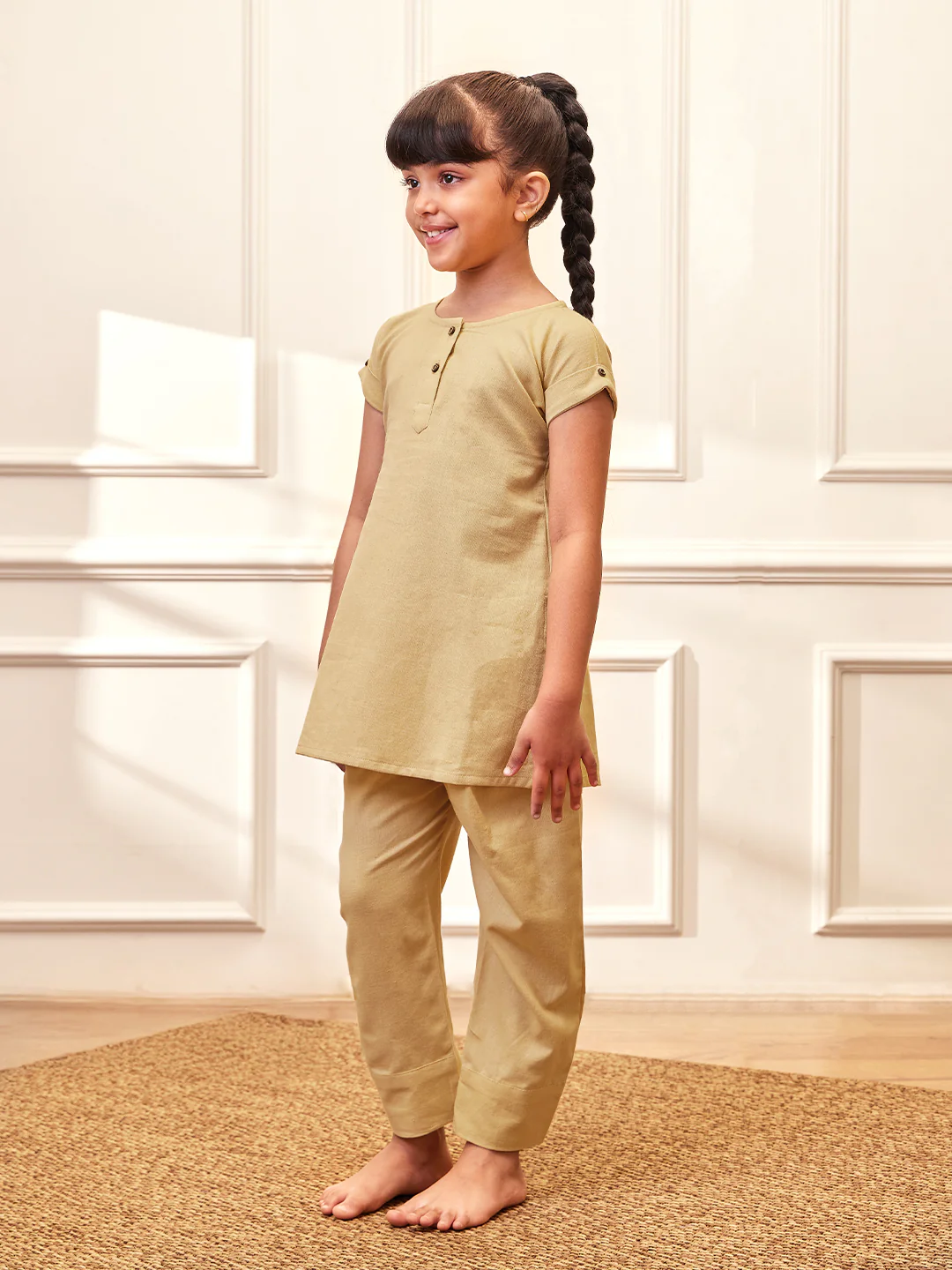 Girl's Chiku Cotton Yoga Kurta Set - Image 4
