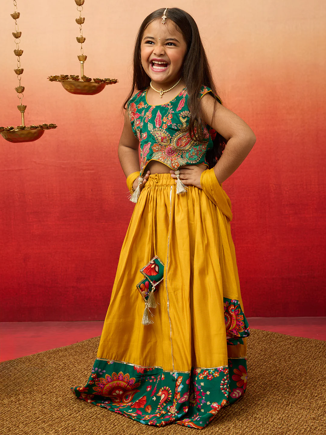 Vastramay Girls' Green Crepe Lehenga Set with Paisley Embroidery - Image 4