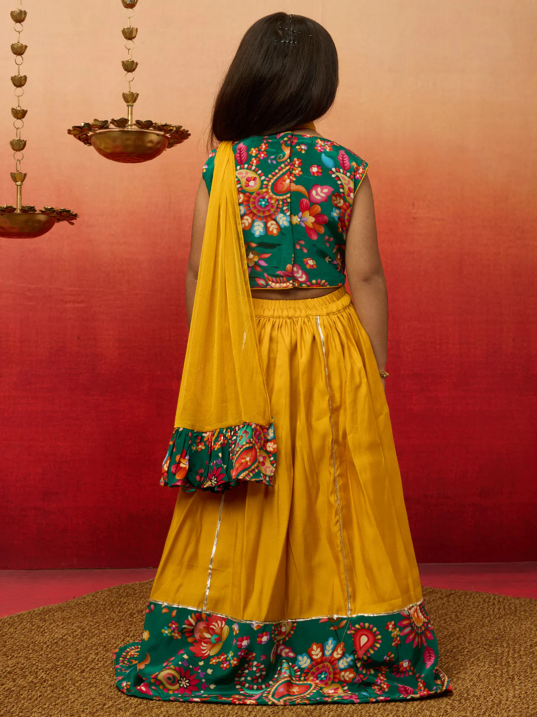 Vastramay Girls' Green Crepe Lehenga Set with Paisley Embroidery - Image 5