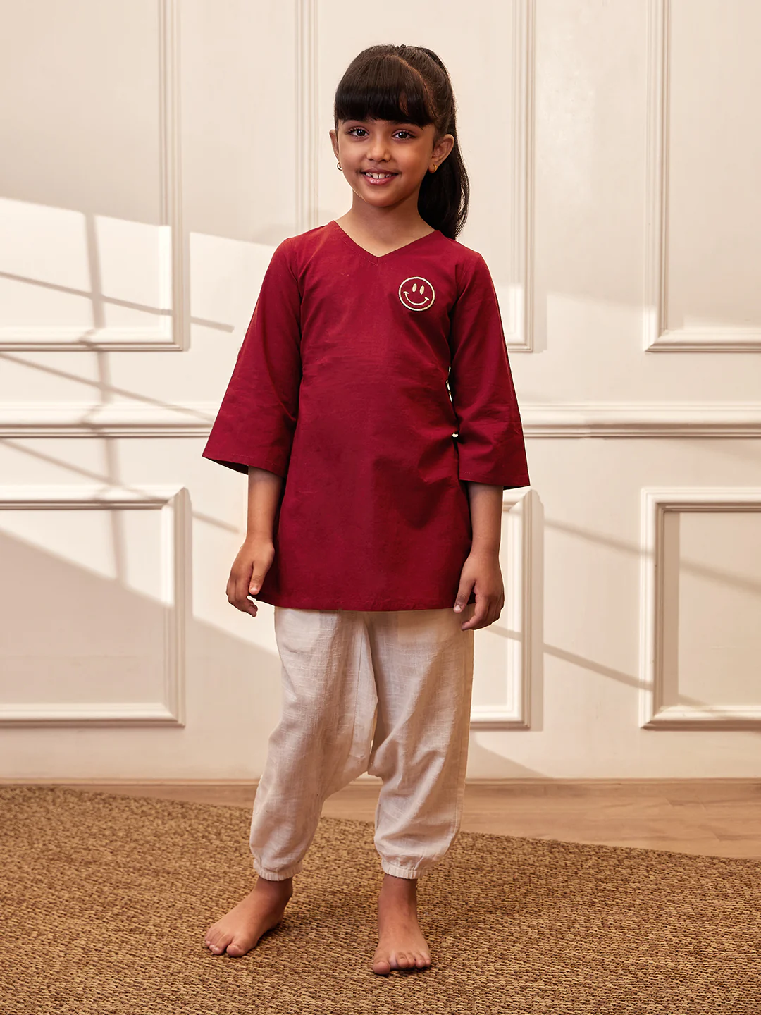 Girl's Maroon Embroidered Cotton Yoga Kurta With White Harem Pants - Image 3