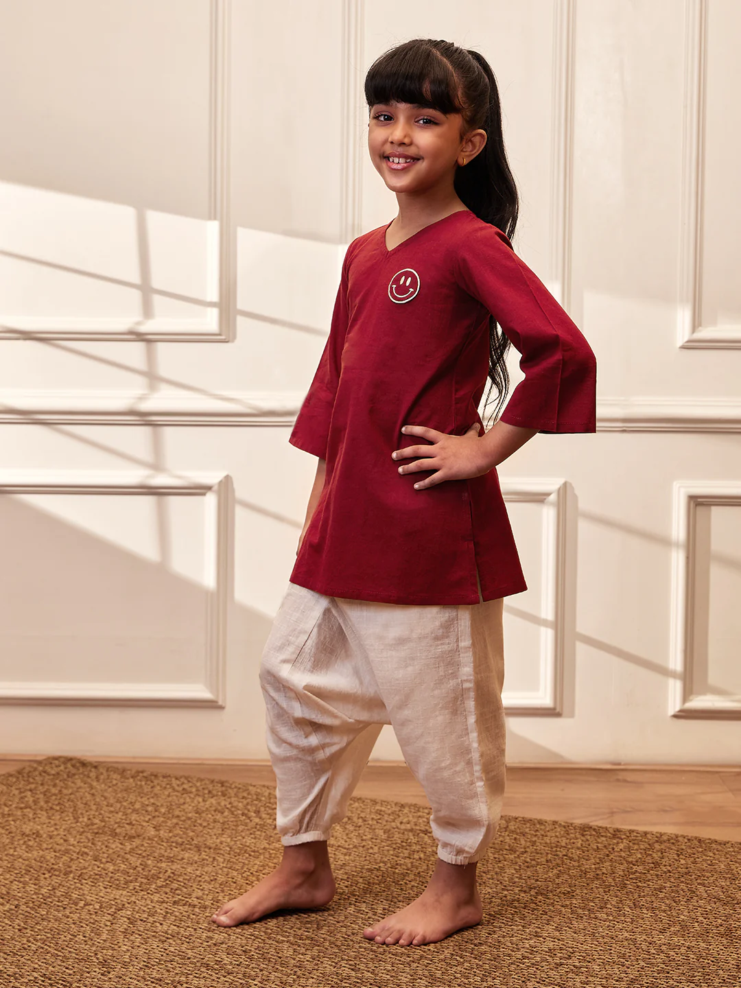 Girl's Maroon Embroidered Cotton Yoga Kurta With White Harem Pants - Image 4