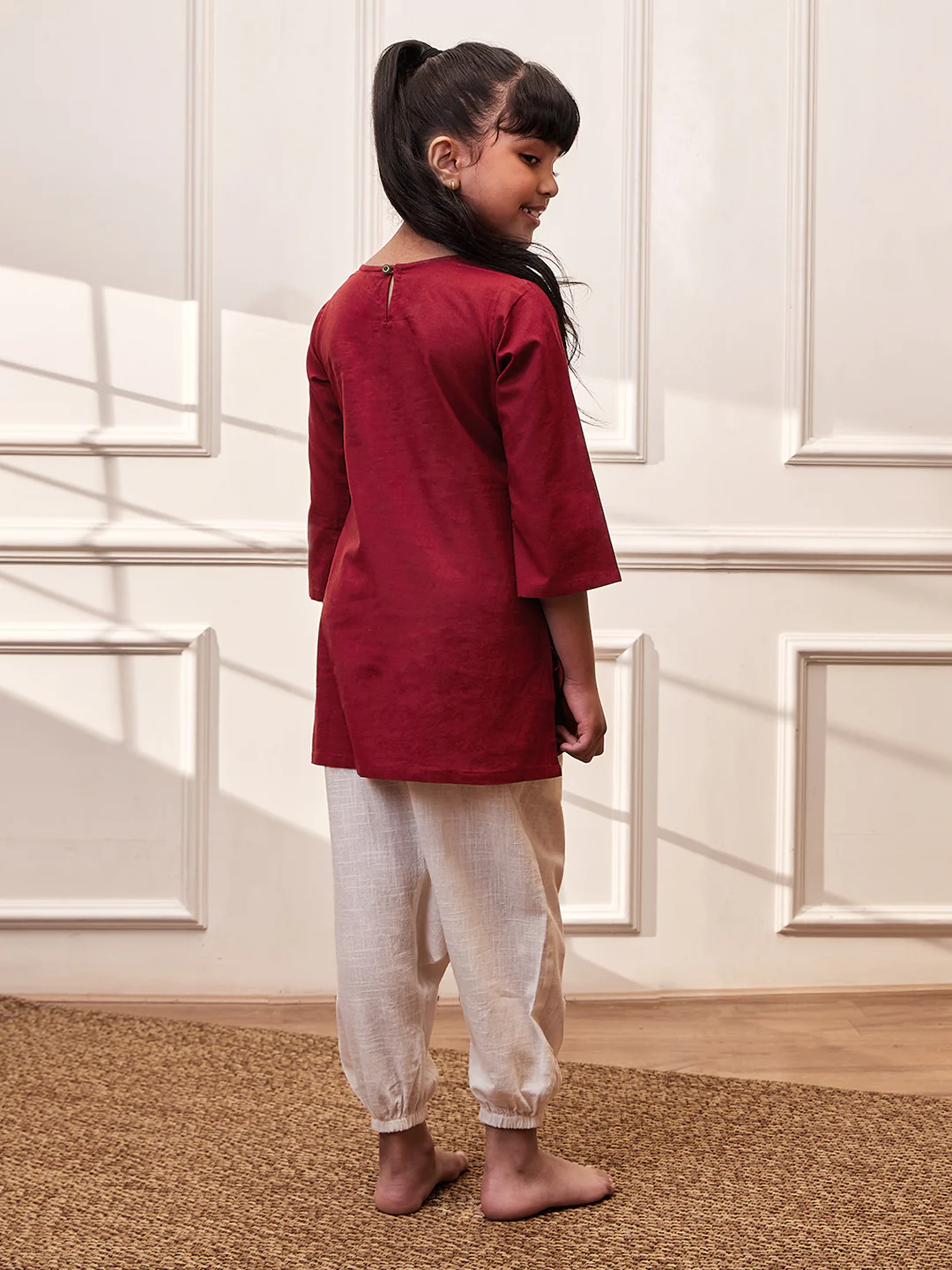Girl's Maroon Embroidered Cotton Yoga Kurta With White Harem Pants - Image 5