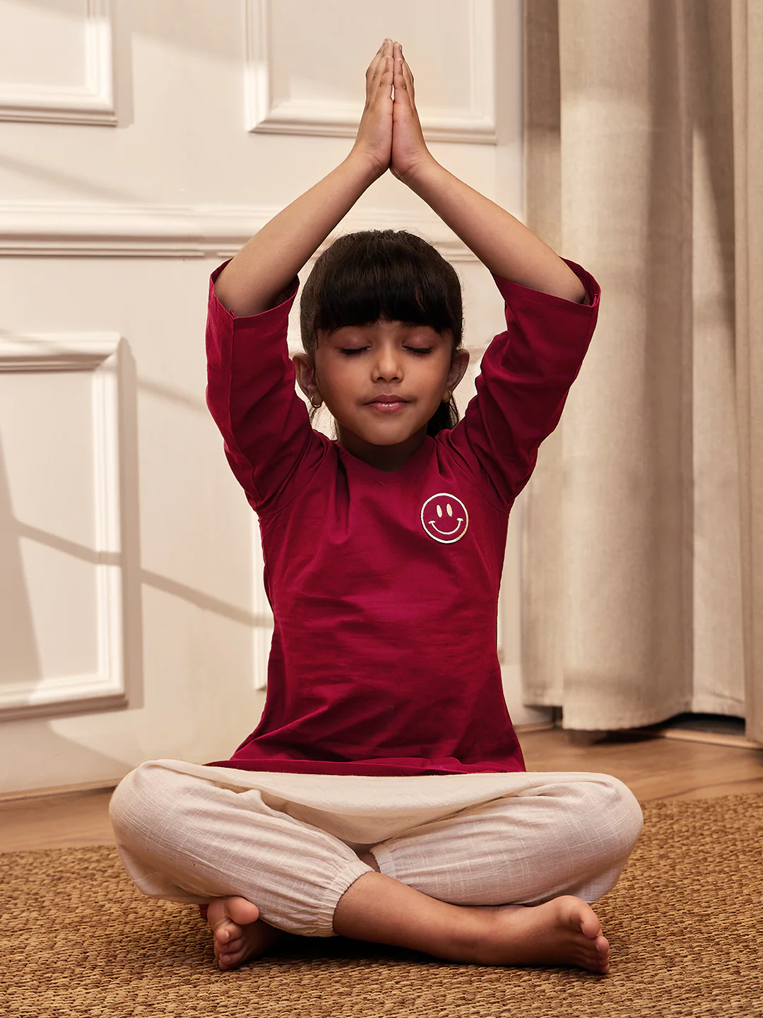 Girl's Maroon Embroidered Cotton Yoga Kurta With White Harem Pants - Image 7