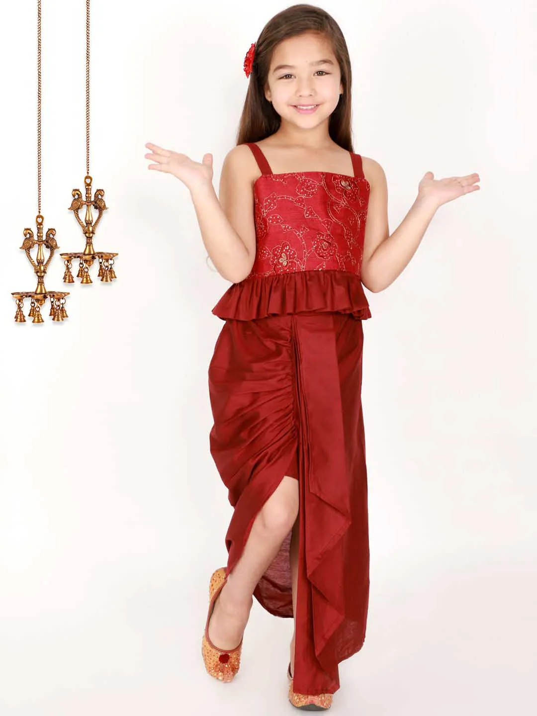 Girl's Maroon Draped Skirt With Crop Top - Image 7