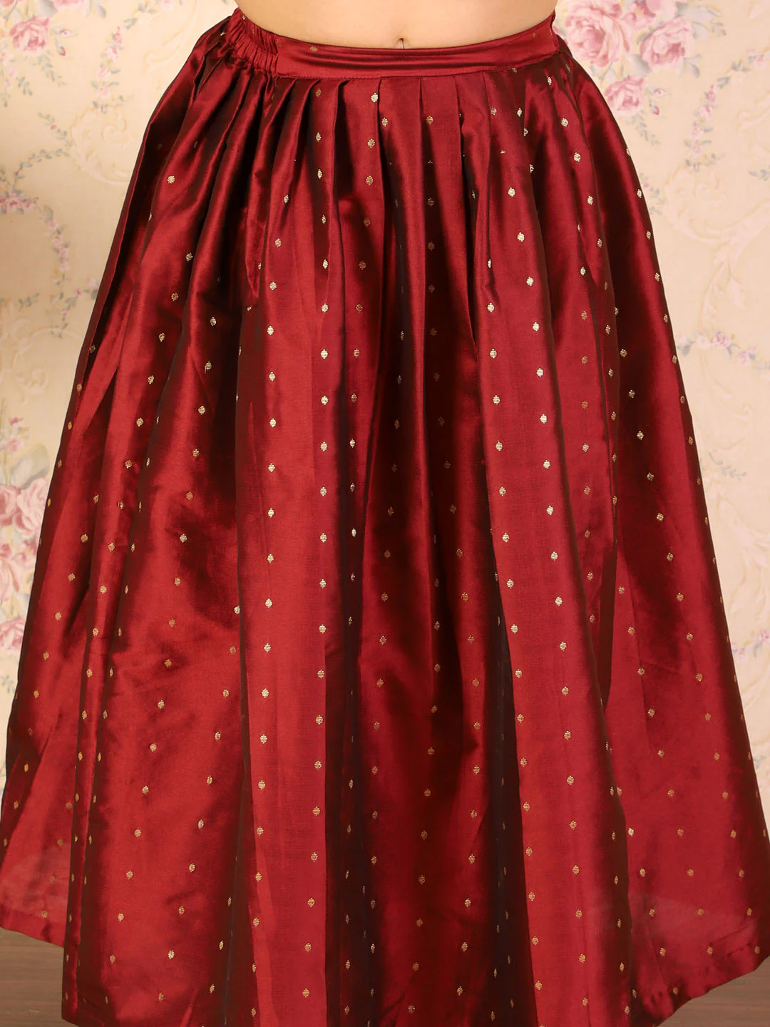 Girl's Maroon Woven Design Booti Crop Top And Long Skirt Set - Image 5