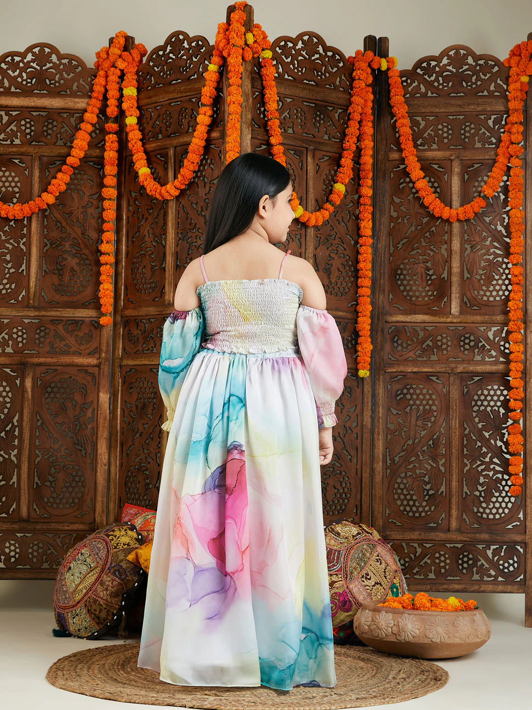 Girl's Multicolor Printed Satin Two Piece Set - Image 3