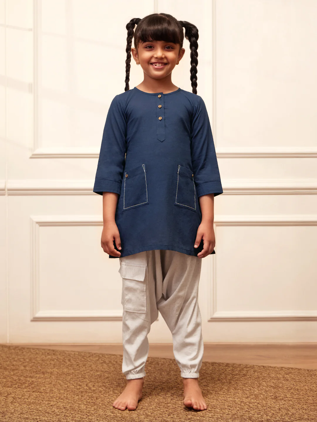 Girl's Navy Blue Cotton Kurta Harem Pant Set - Image 3