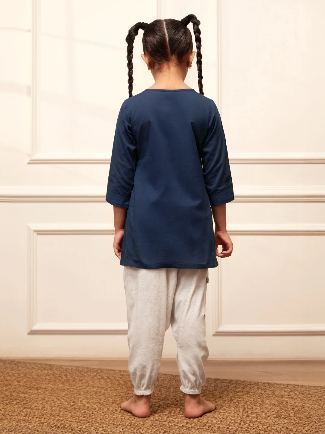 Girl's Navy Blue Cotton Kurta Harem Pant Set - Image 5