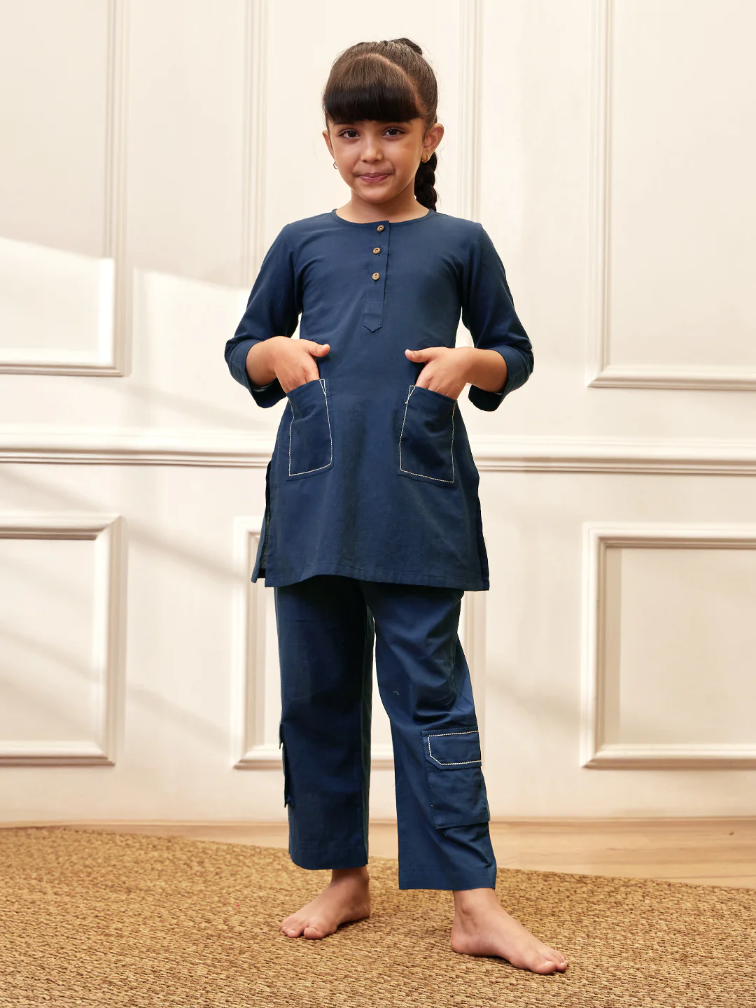 Girl's Navy Blue Cotton Kurta Pyjama Set - Image 3