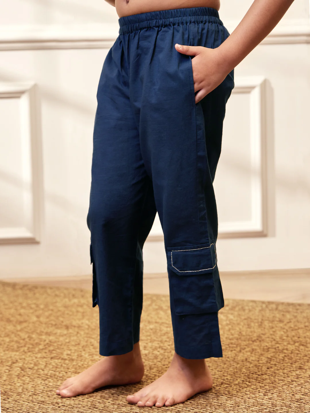 Girl's Navy Blue Cotton Kurta Pyjama Set - Image 6