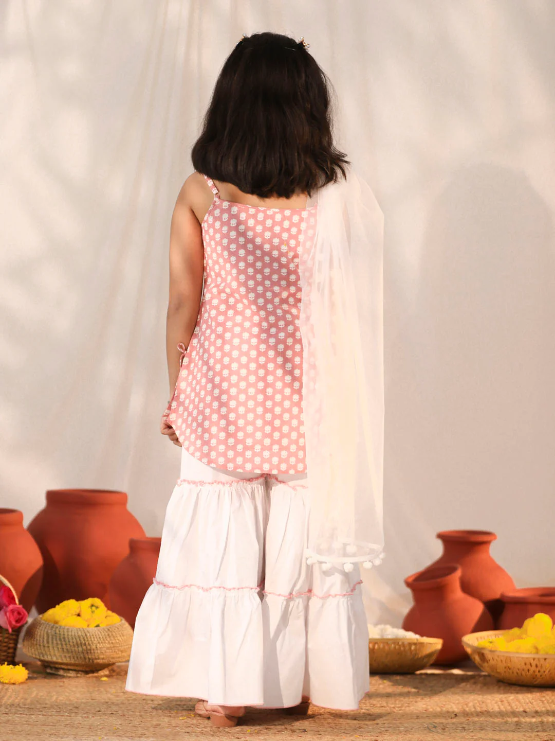 Girl's' Pink And White Kurta, Sharara And Dupatta Set - Image 3