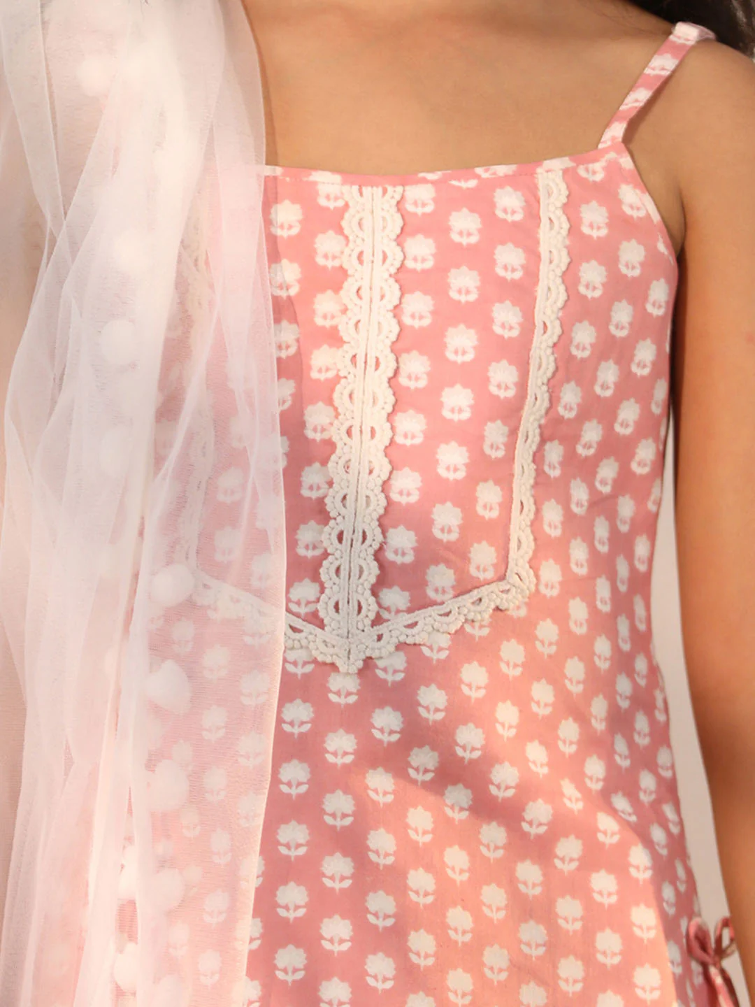 Girl's' Pink And White Kurta, Sharara And Dupatta Set - Image 4