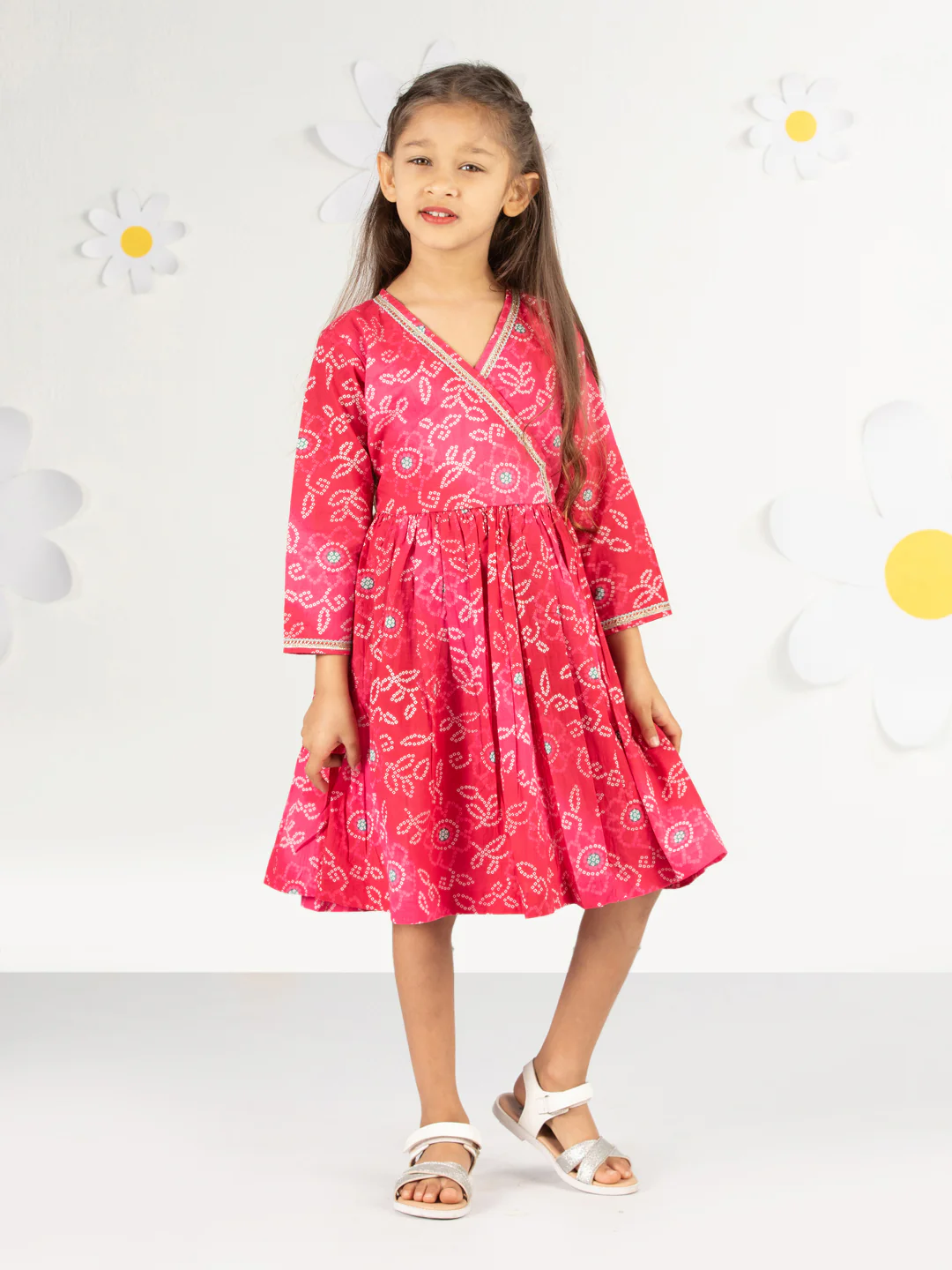 Girl's' Pink Color Bandhnai Print Angrakha Style Dress - Image 2
