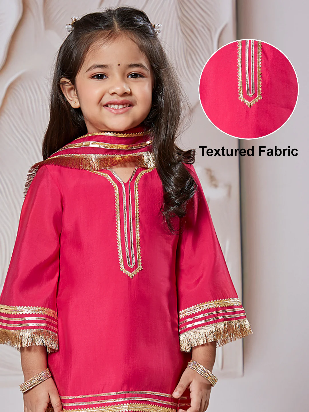 Girl's' Pink Kurta Set With Dupatta - Image 2
