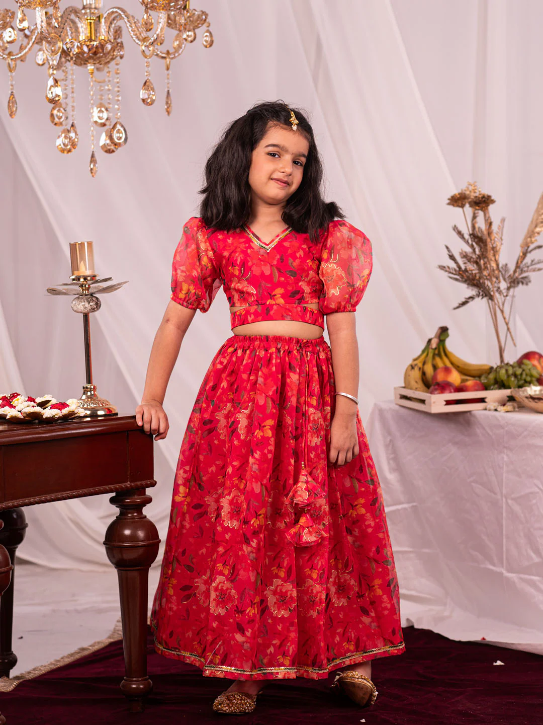 Girl's' Pink Printed Organza Lehenga Set - Image 2