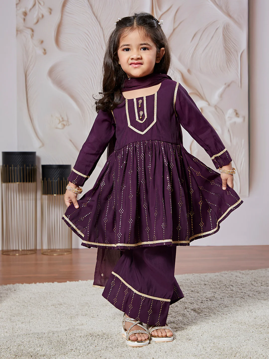 Girl's' Purple Kurta Set With Dupatta - Image 6