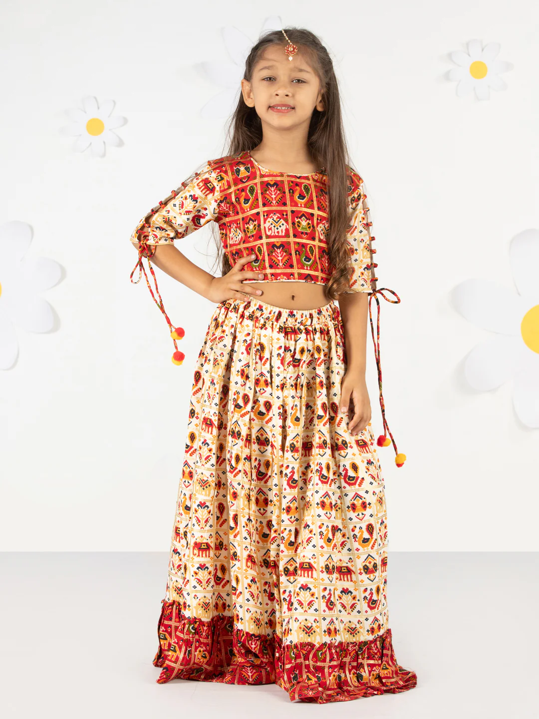 Girl's' Red And Cream Patola Print Lehenga Set