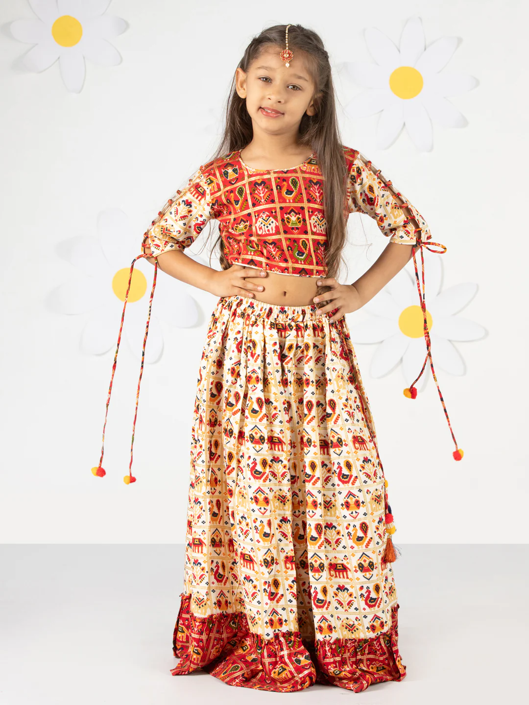 Girl's' Red And Cream Patola Print Lehenga Set - Image 2