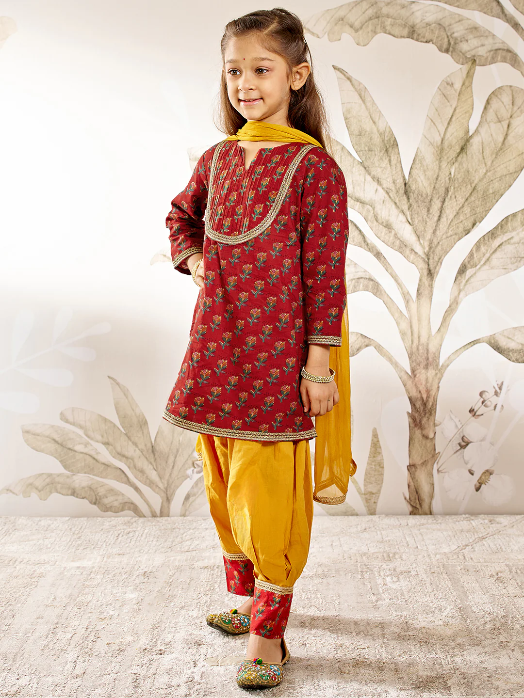 Girl's Red Floral Kurta Patiala Set - Image 3