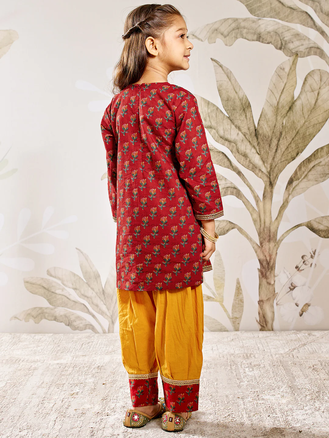 Girl's Red Floral Kurta Patiala Set - Image 4