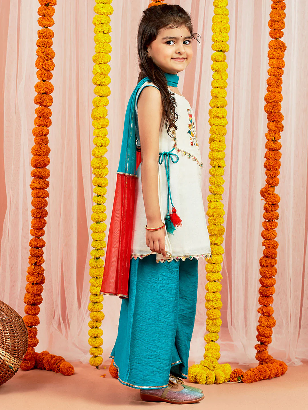 Girl's' White And Blue Kurta Plazoo And Dupatta Set - Image 3