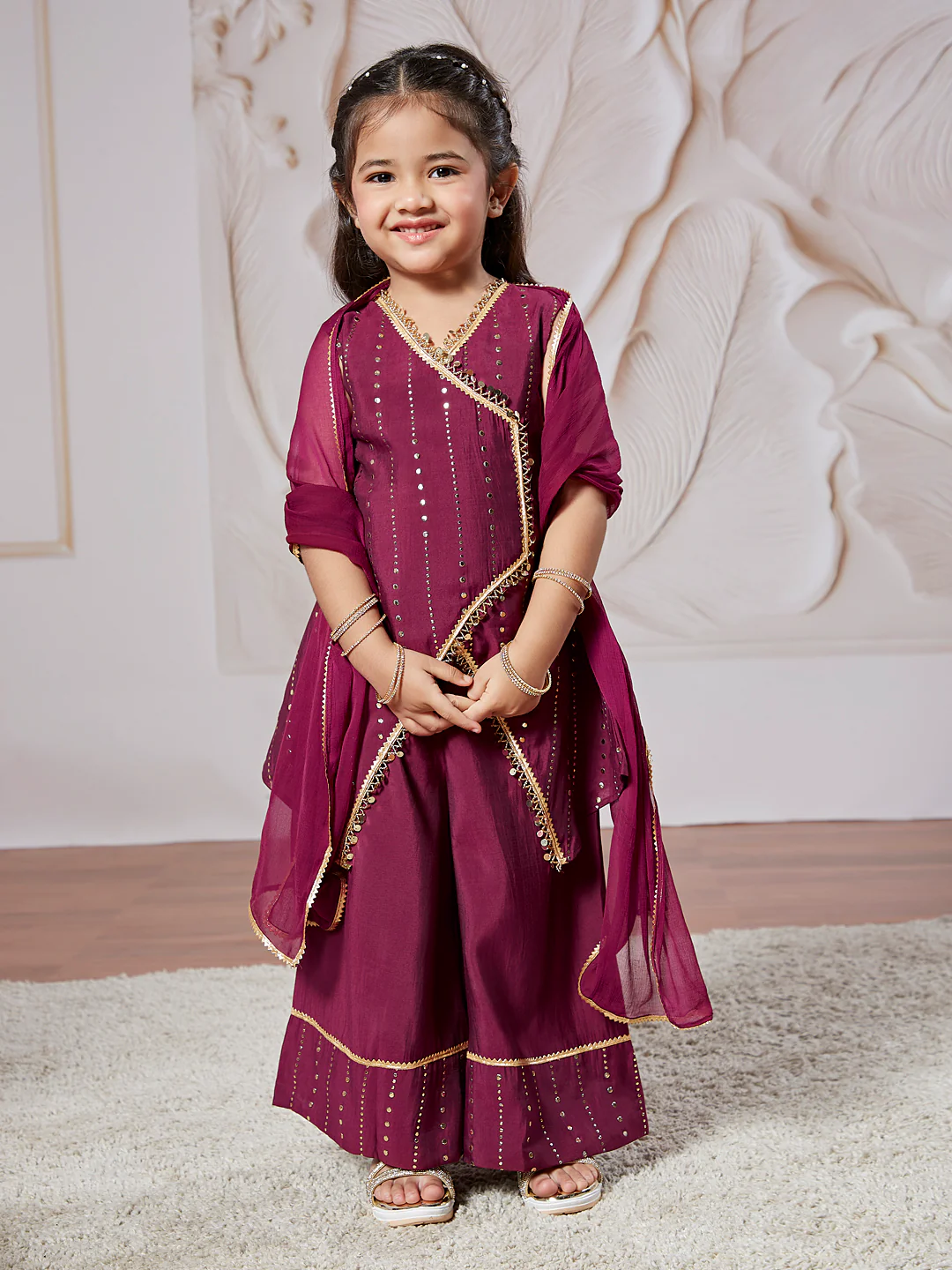 Girl's' Wine Kurta Set With Dupatta - Image 6