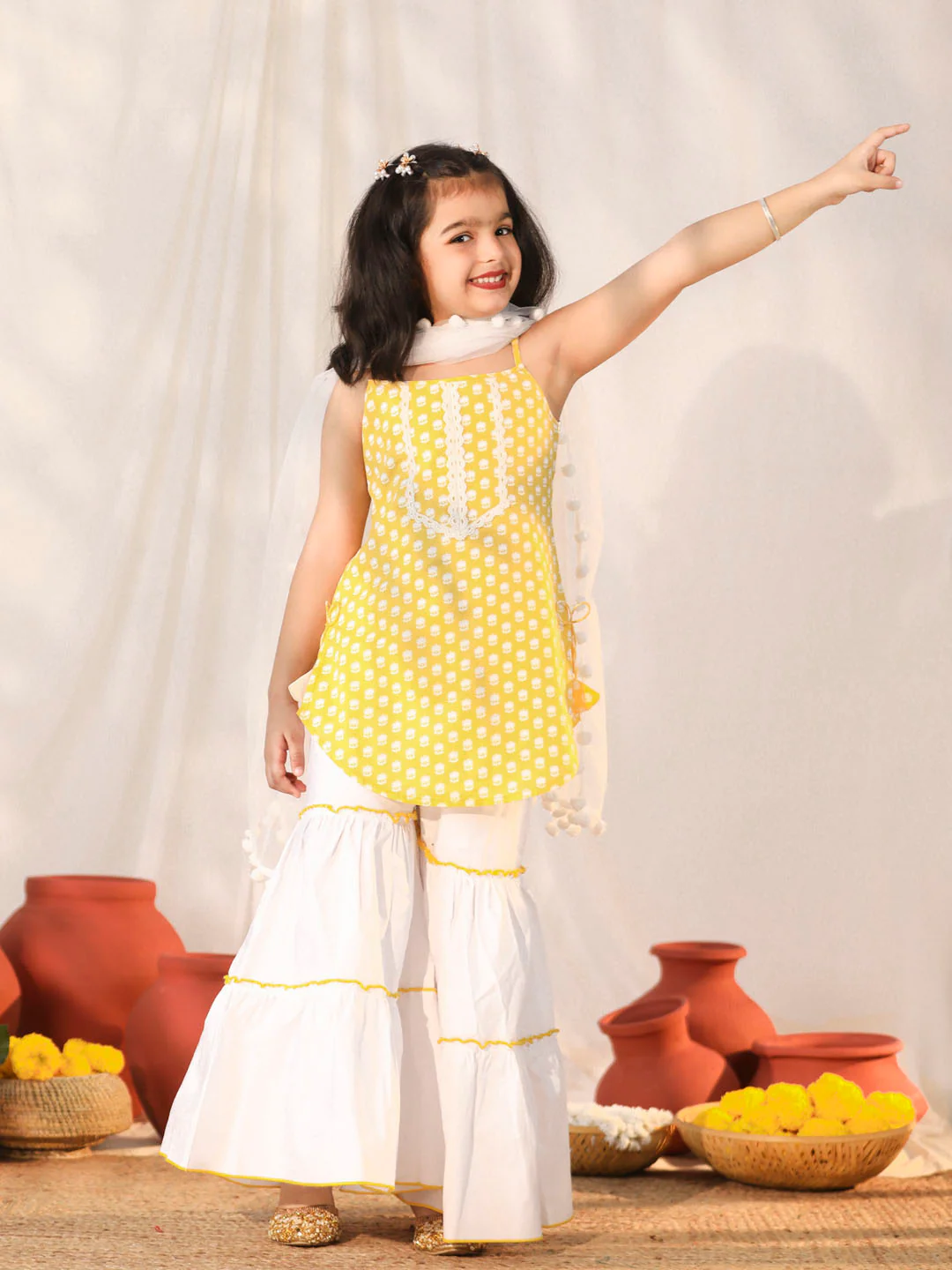 Girl's' Yellow And White Kurta, Sharara And Dupatta Set - Image 7