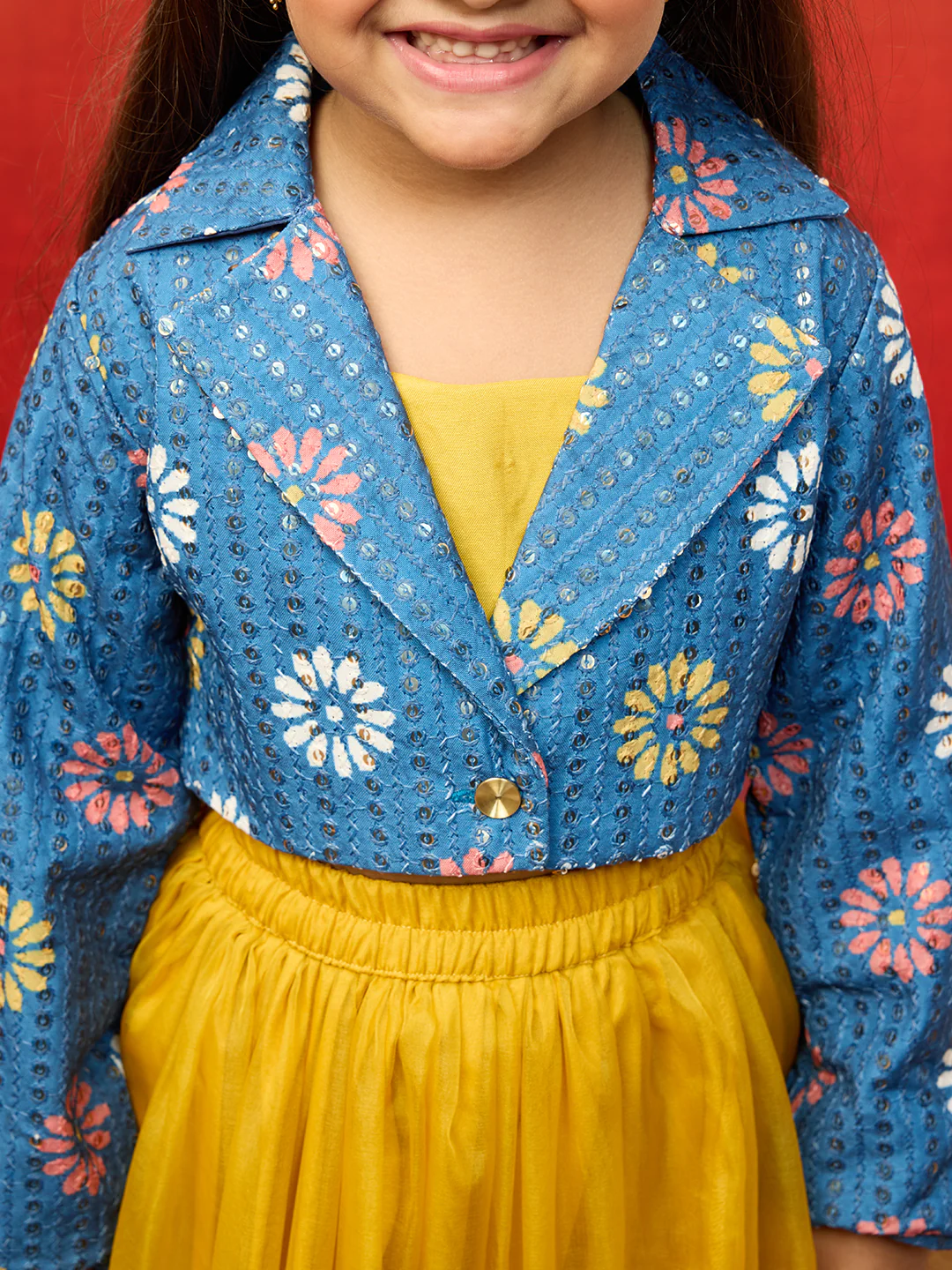 Vastramay Girls Yellow Lehenga Set with Jacket - Image 2