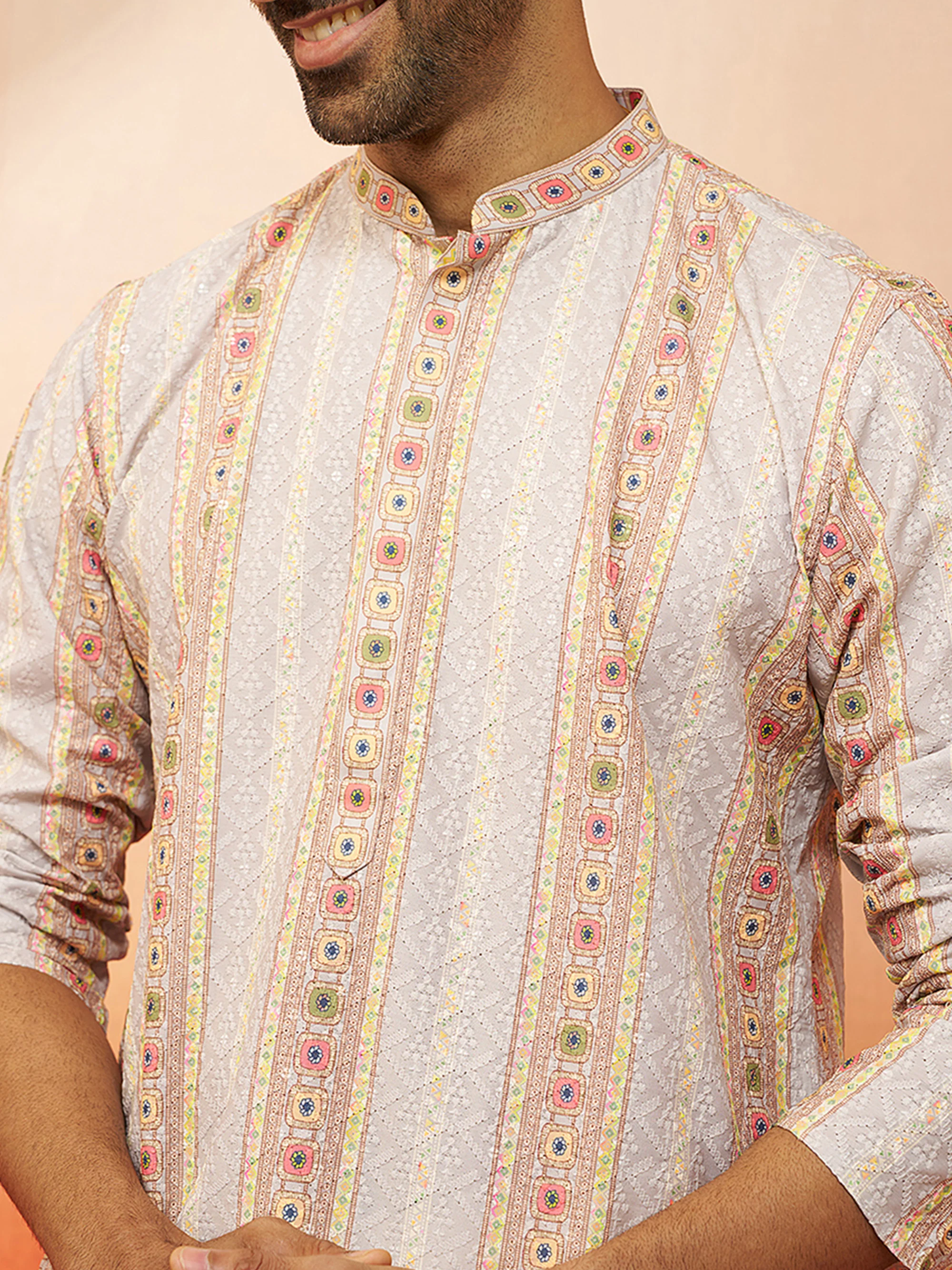 Men Grey Cotton Sequin Embroidered Kurta - Image 2
