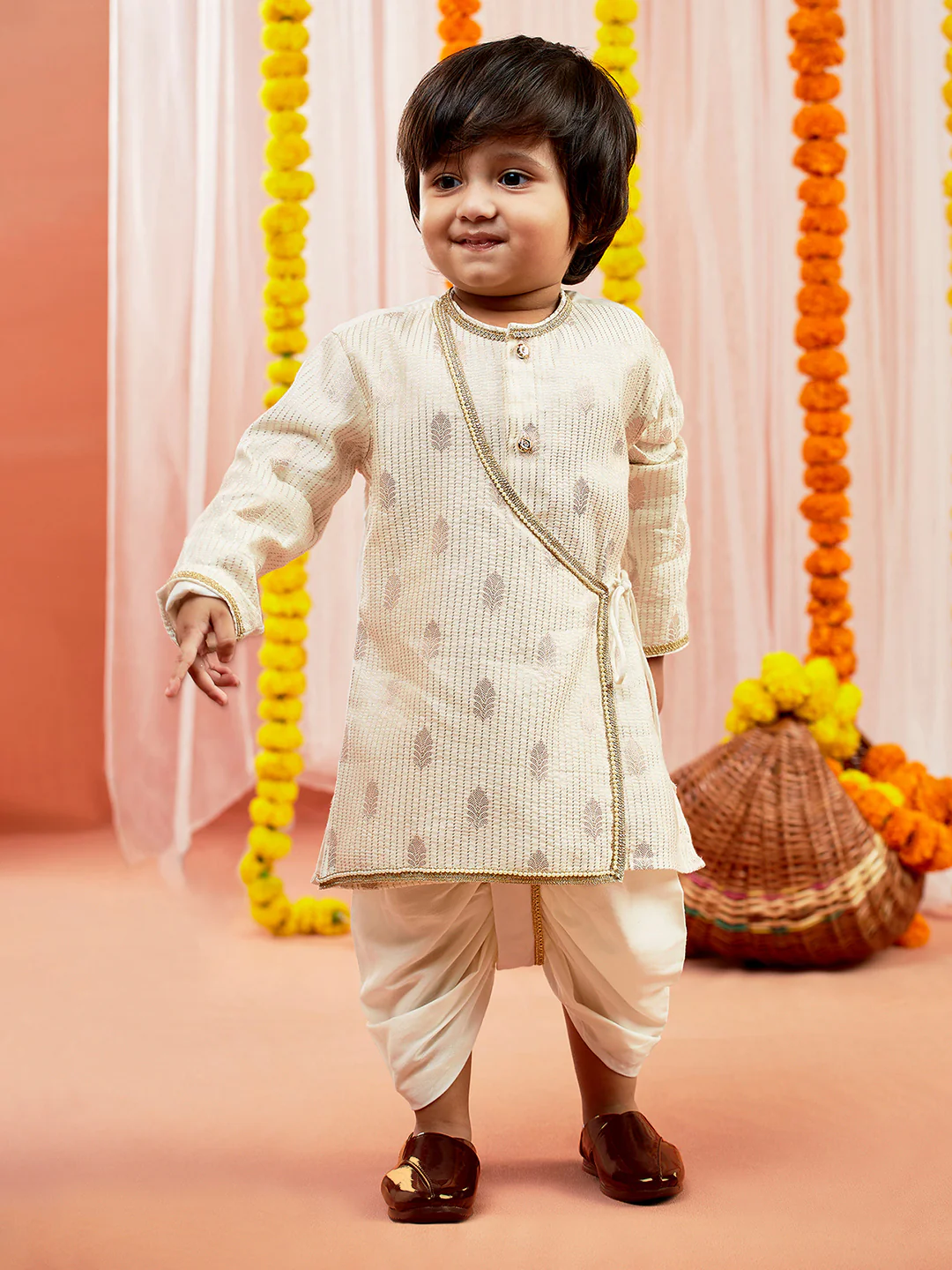 Infant Boy's Cream Silk Blend Kurta And Dhoti Set - Image 3