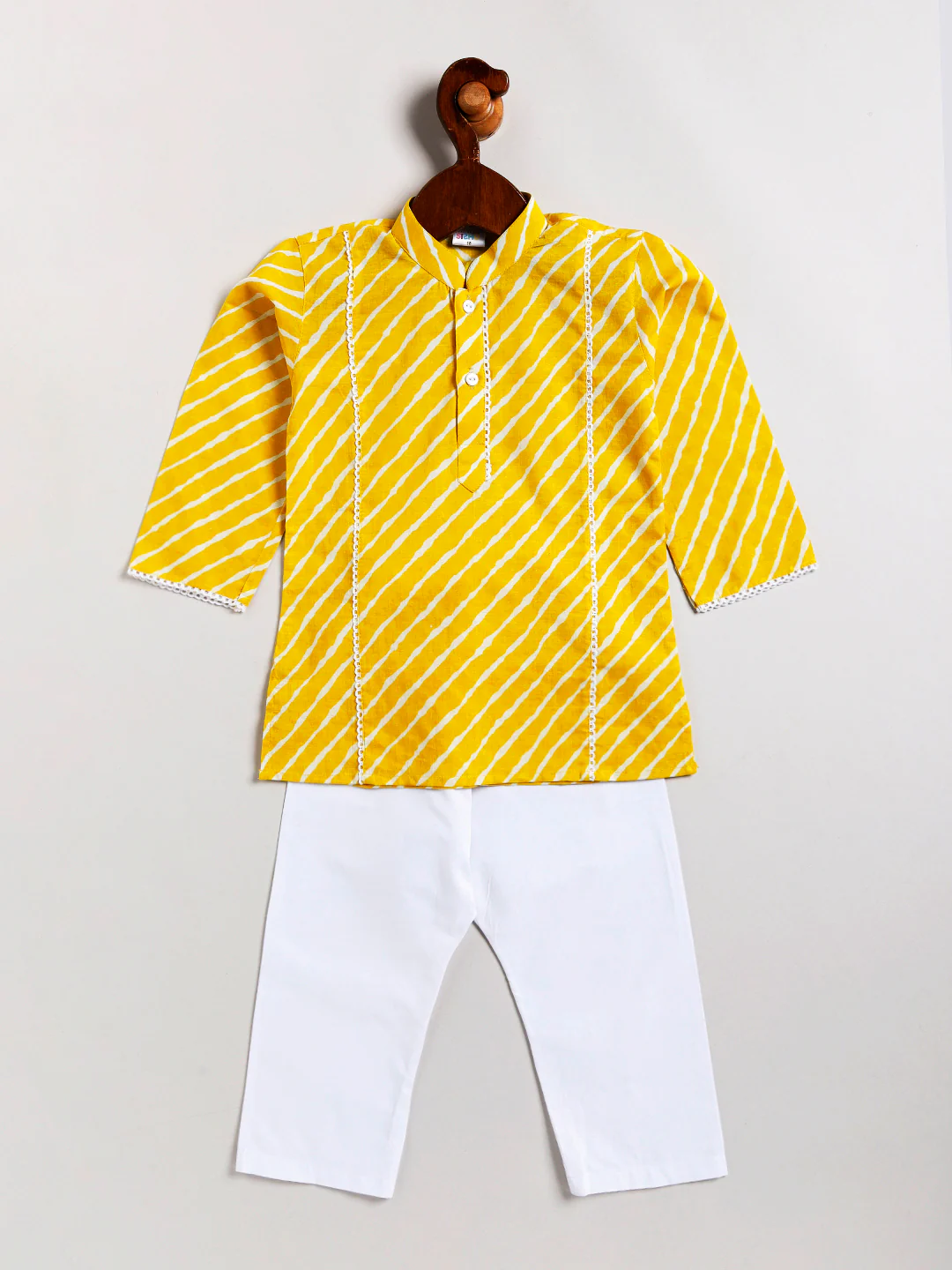 Infant Boy's Yellow And White Cotton Kurta Pyjama Set - Image 2