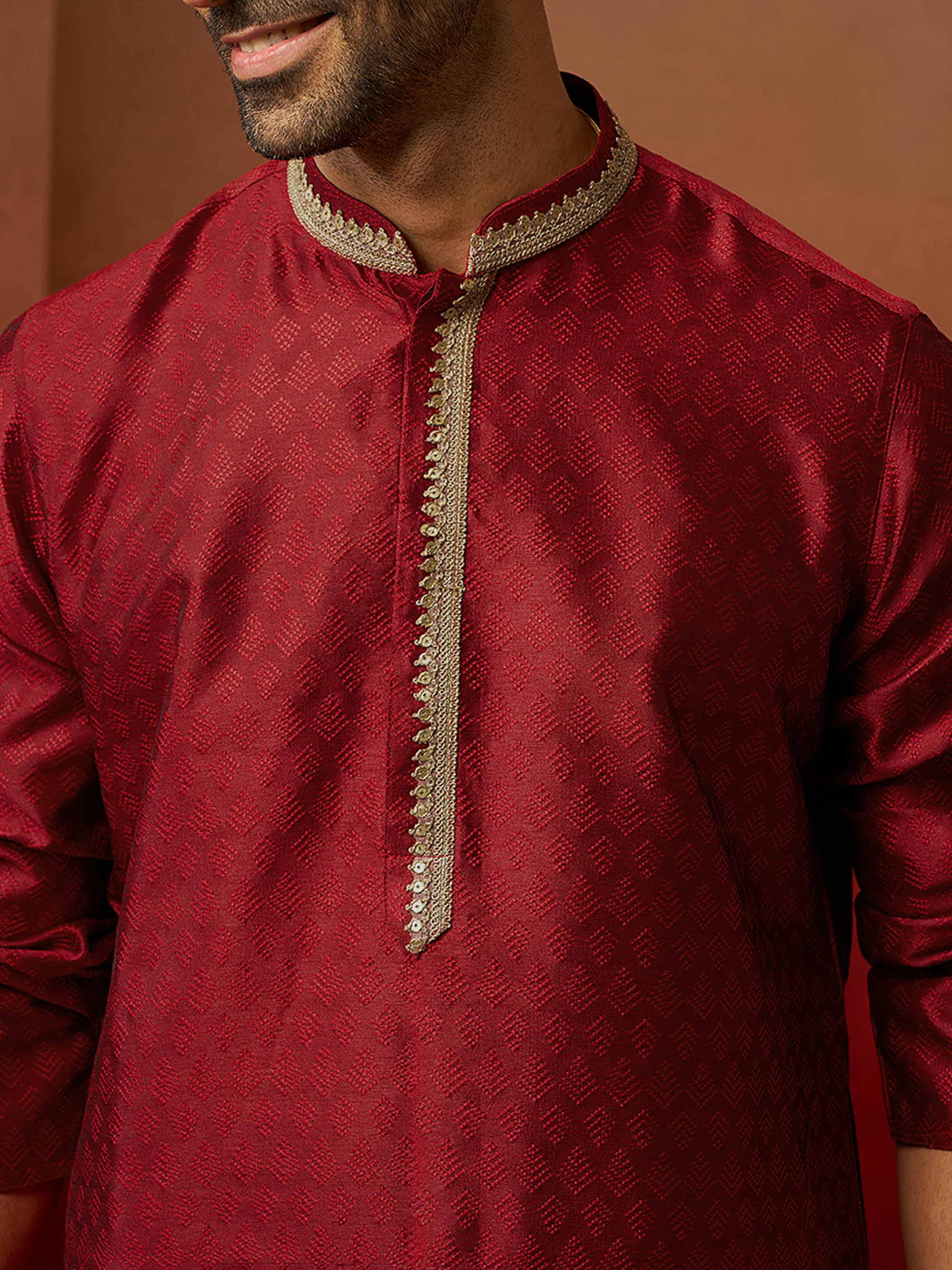 Men Maroon Silk Anmol Jacquard Kurta - Image 2