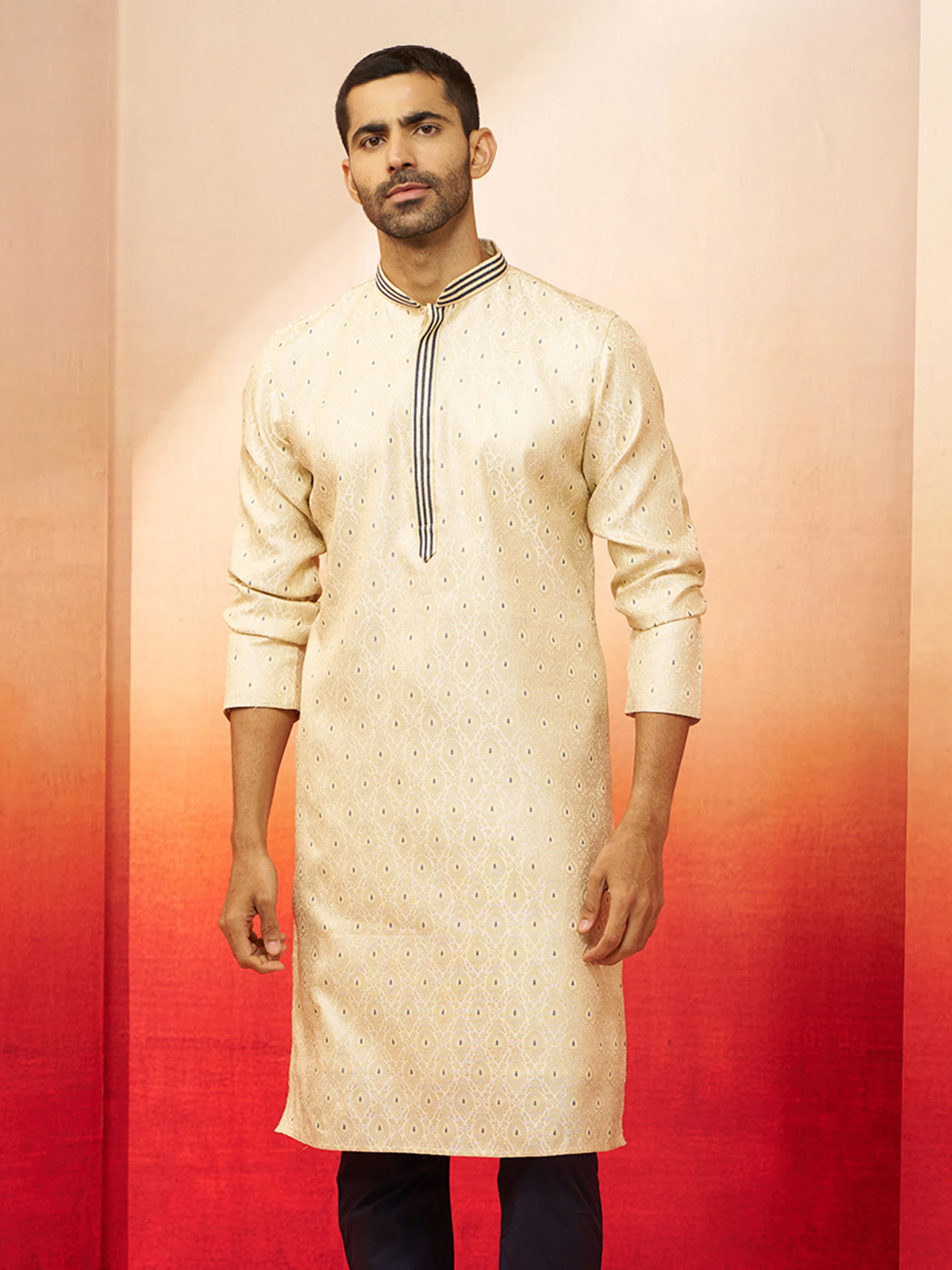 Vastramay Men Cream Royal Blue Silk Jacquard Kurta - Image 3