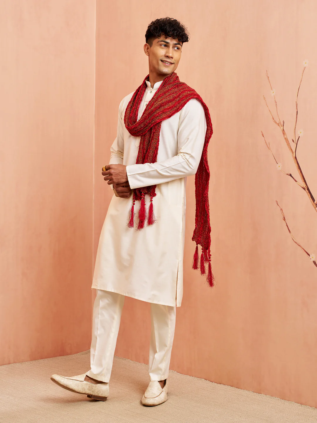 Vastramay Men Cream Silk Kurta Pyjama Set - 3 Piece with Maroon Dupatta Wedding Wear - Image 4