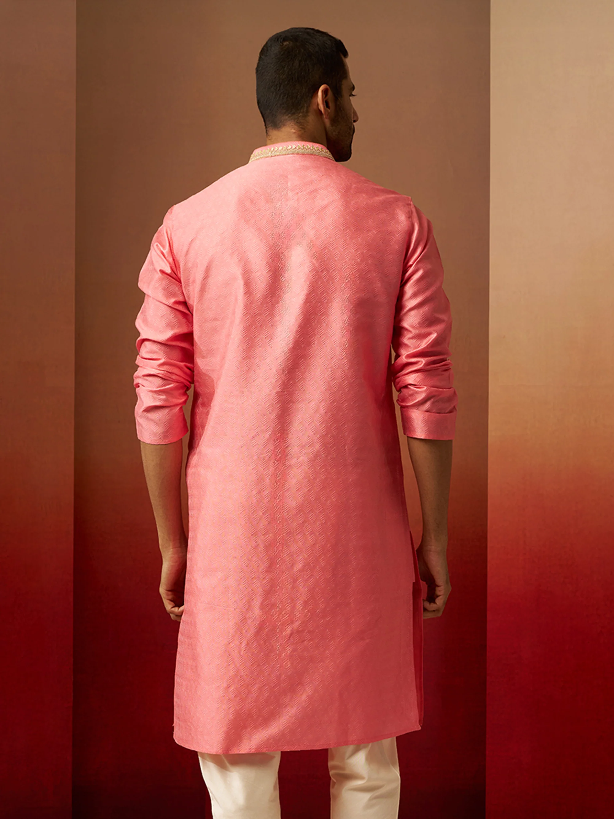 Vastramay Men Pink Silk Anmol Jacquard Kurta - Image 5
