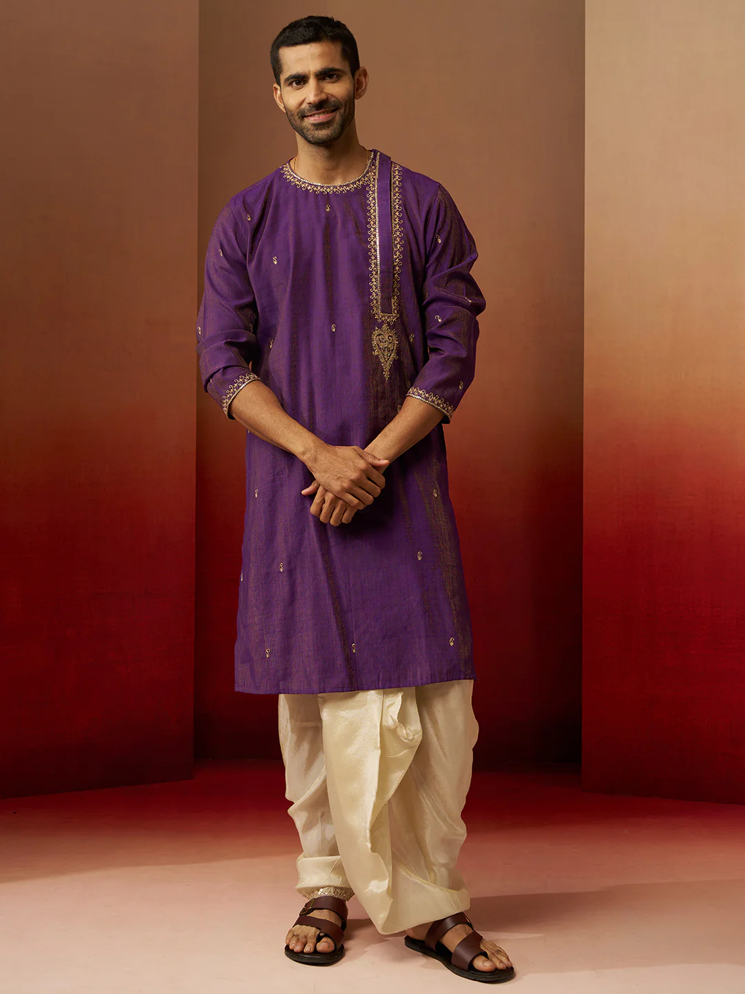 Vastramay Men Purple Hand Embroidered Kurta - Image 6