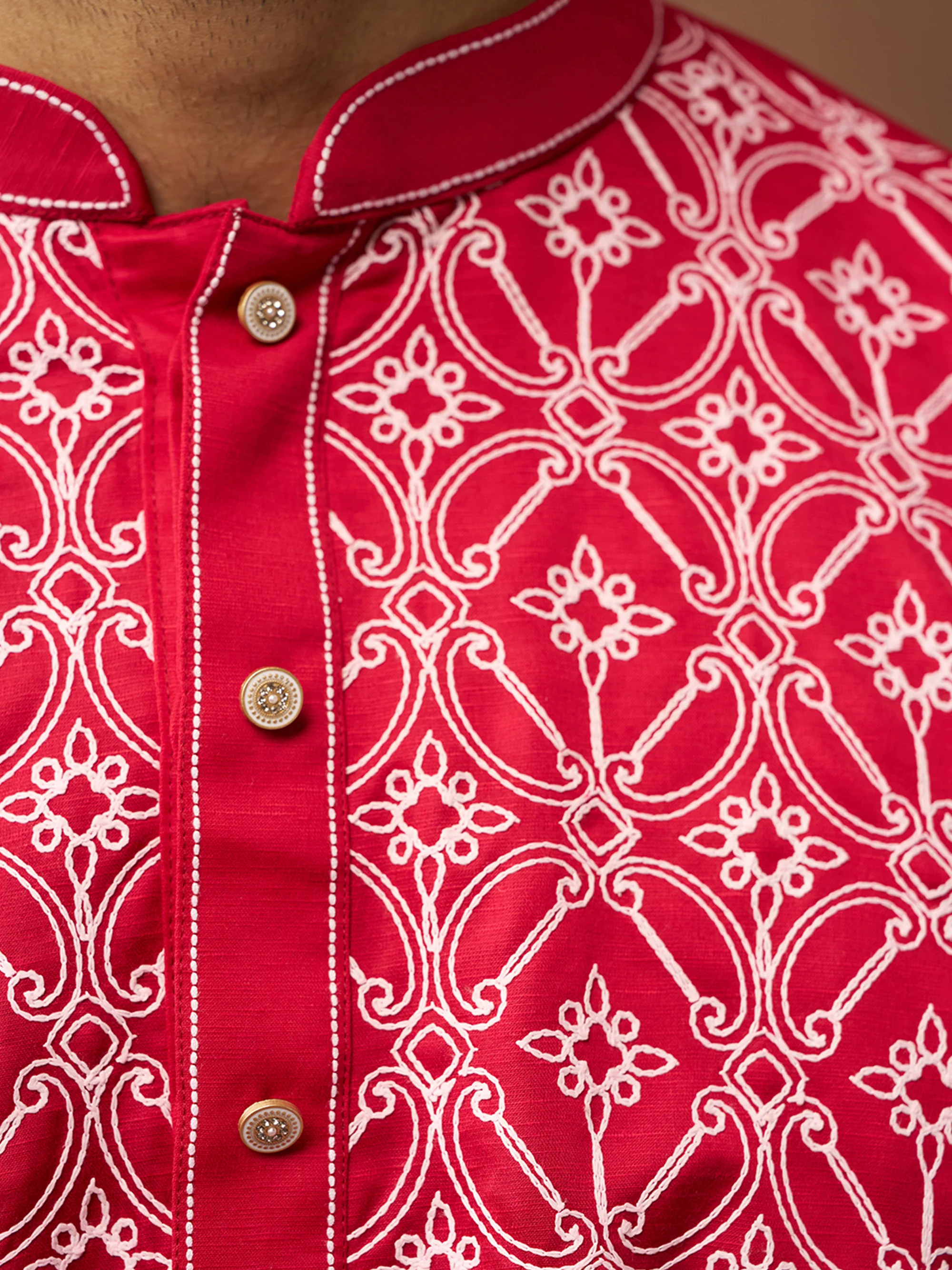 Vastramay Men Red Linen Silk Thread Embroidered Kurta - Image 6