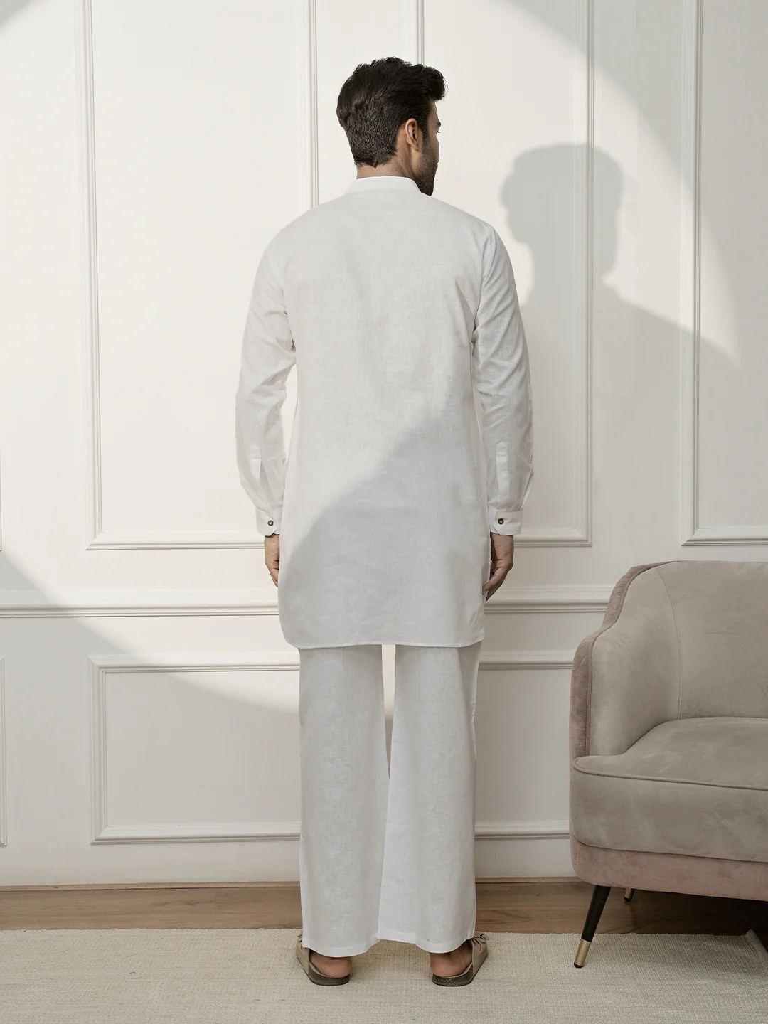 Men White Cotton Linen Pathani Kurta With Palazzo Set - Image 5