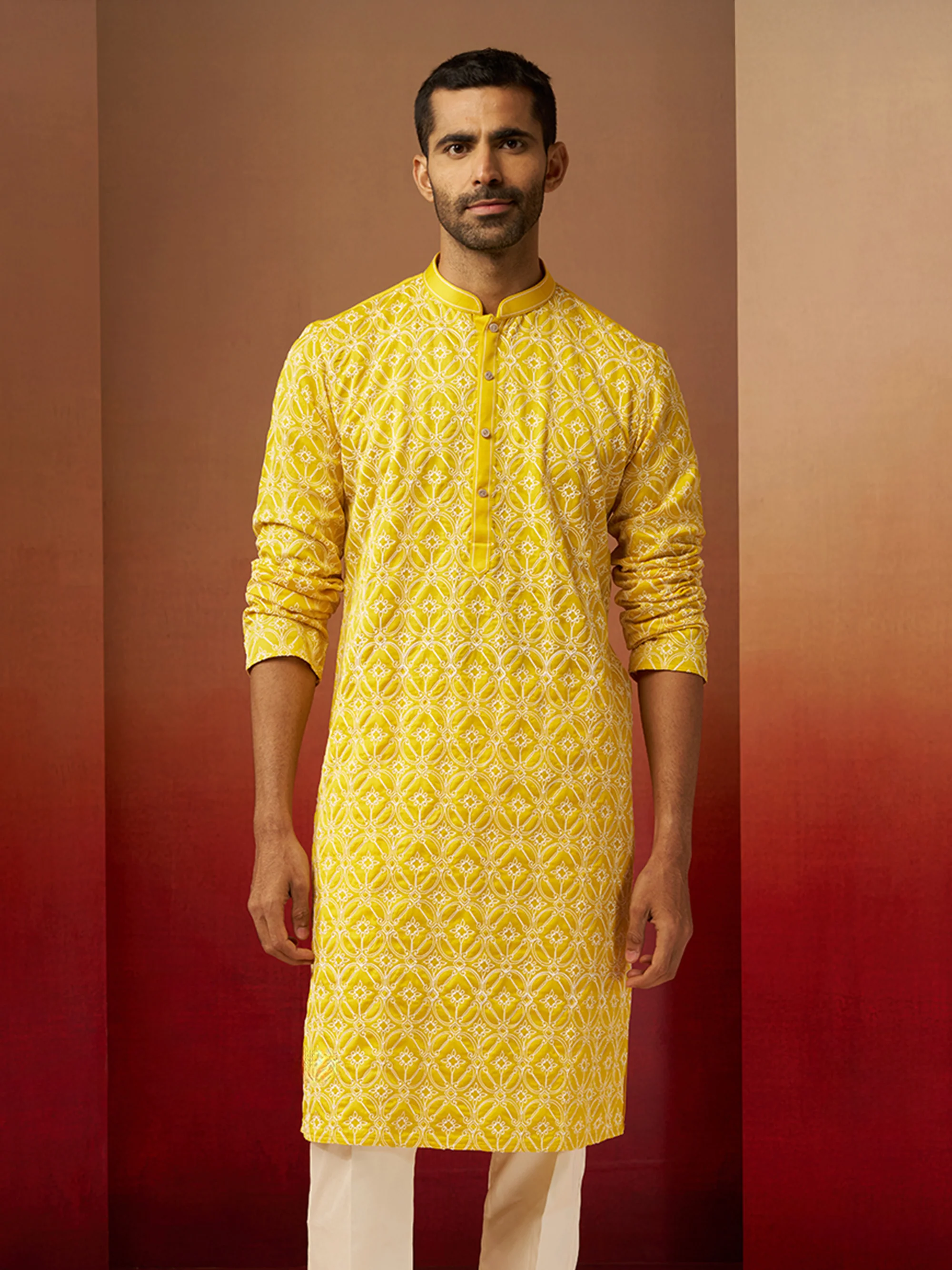 Vastramay Men Yellow Linen Silk Thread Embroidered Kurta - Image 3