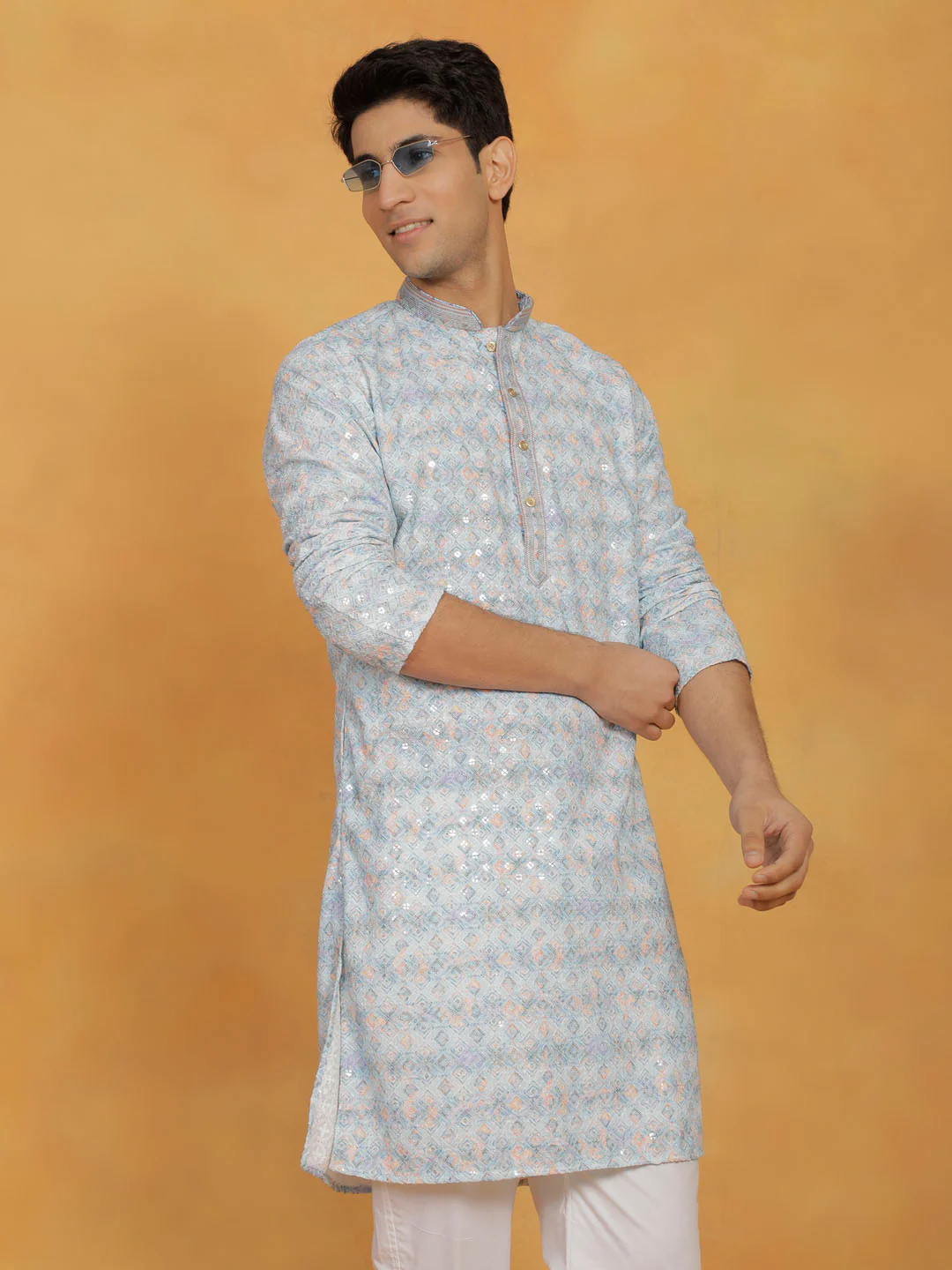 Men's Aqua And White Cotton Blend Kurta And Pyjama Set - Image 6